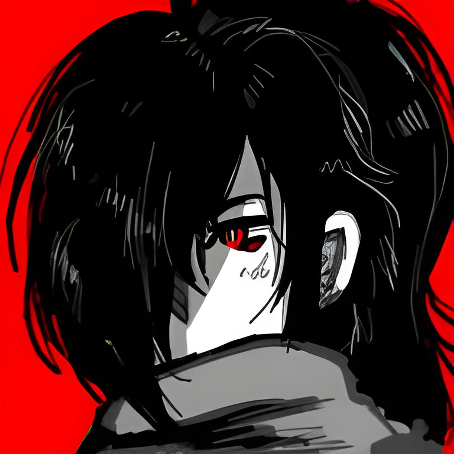 Anime 1920x1920 Dororo red background plants face red eyes anime girls scarf hair over one eye long hair minimalism simple background black hair