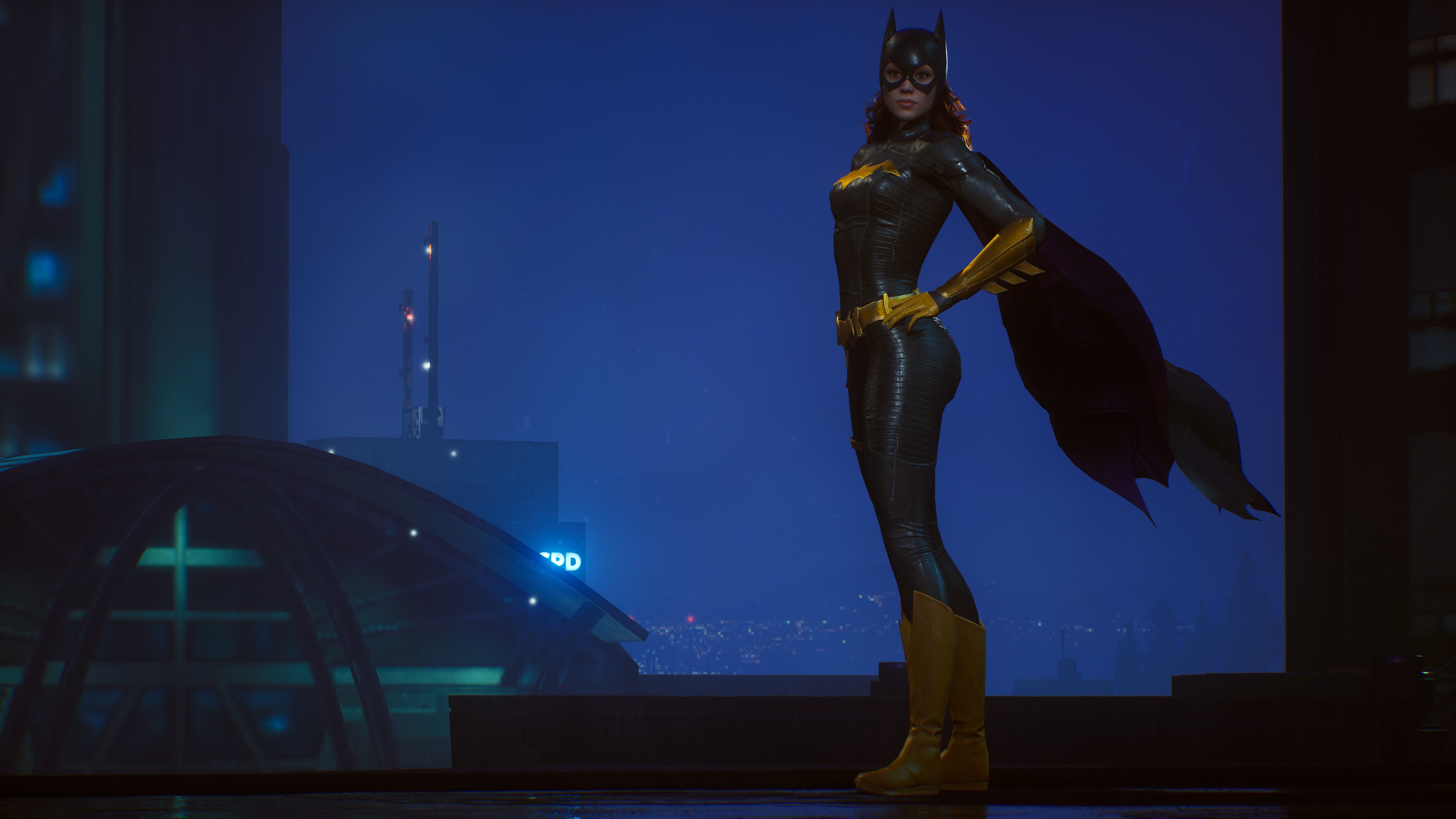 General 3840x2160 Batgirl Gotham Knights redhead DC Comics tight clothing mask Yellow Shoes digital art bodysuit sky night standing looking at viewer closed mouth long hair video game characters CGI video game girls building video games city lights