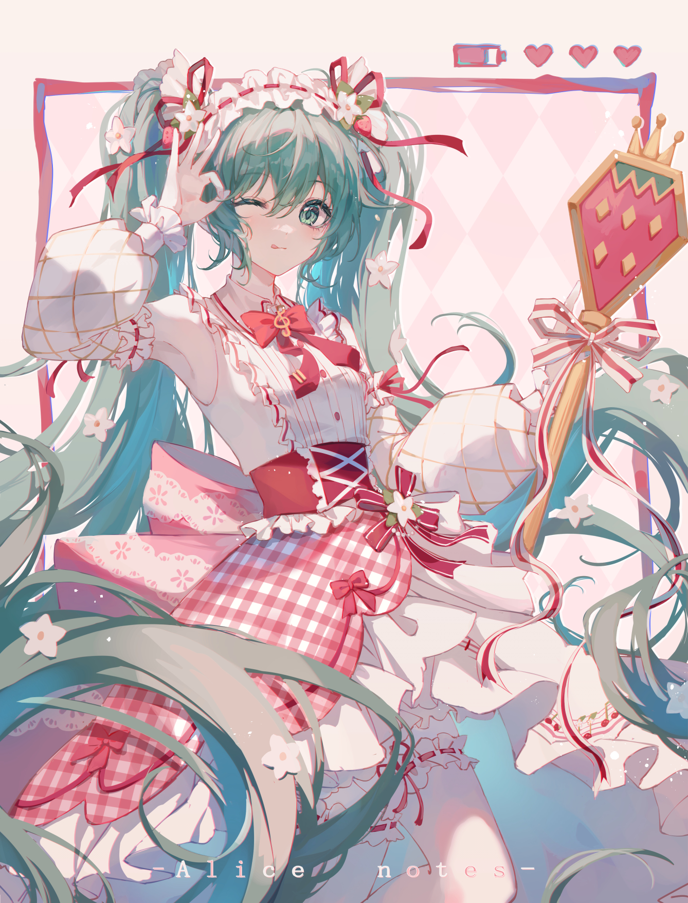 Anime 1338x1754 anime anime girls Hatsune Miku Vocaloid long hair twintails blue hair blue eyes one eye closed dress looking at viewer OK sign bow tie flower in hair smiling staff frills