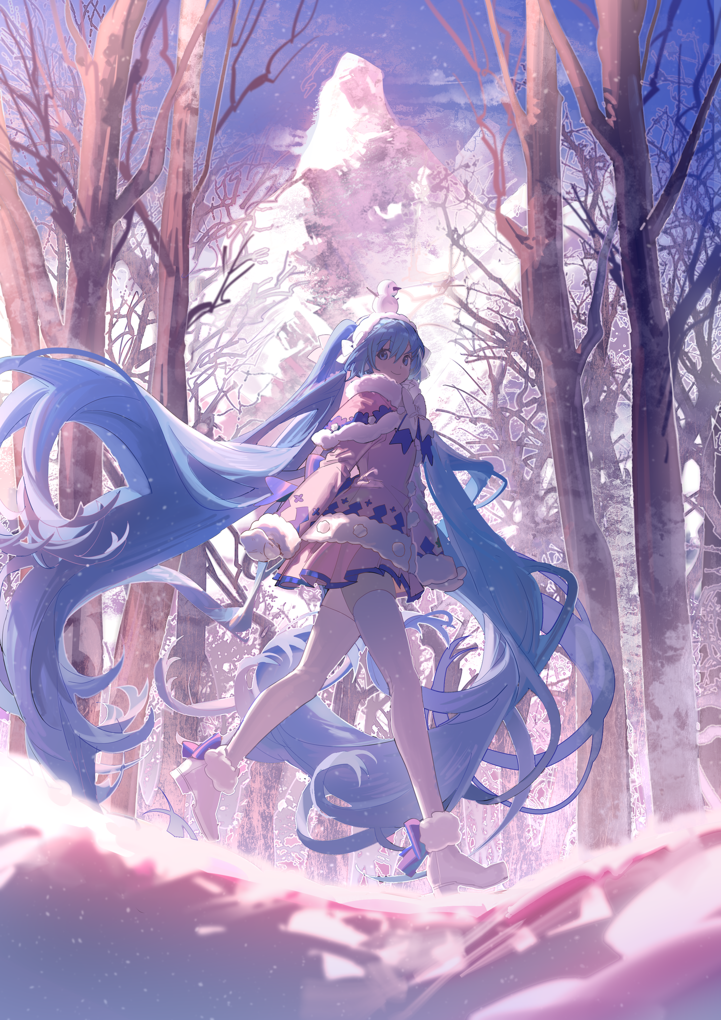 Anime 1447x2046 anime Pixiv anime girls Vocaloid Hatsune Miku trees long hair twintails blue hair blue eyes walking snow sky smiling gloves stockings portrait display looking at viewer winter bow tie Shuno (artist)