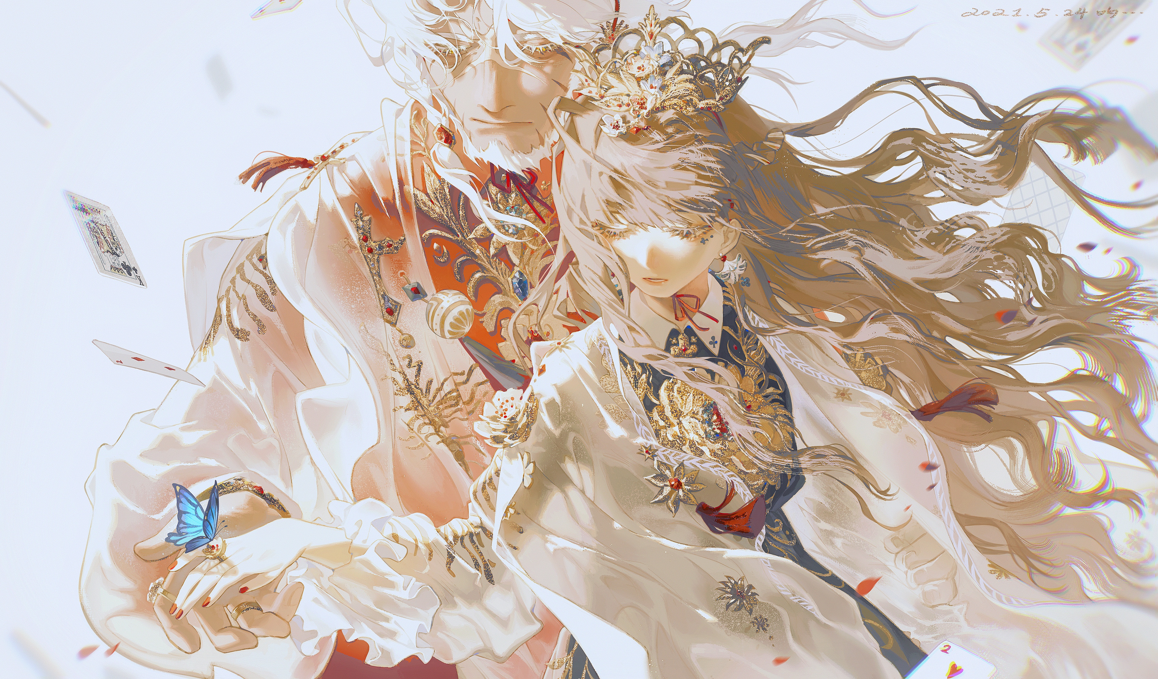Anime 3782x2220 anime anime girls Pixiv Forever 7th Capital hair blowing in the wind wind crown insect bright background dress butterfly closed mouth beard parted lips long hair cards rings red nails anime men