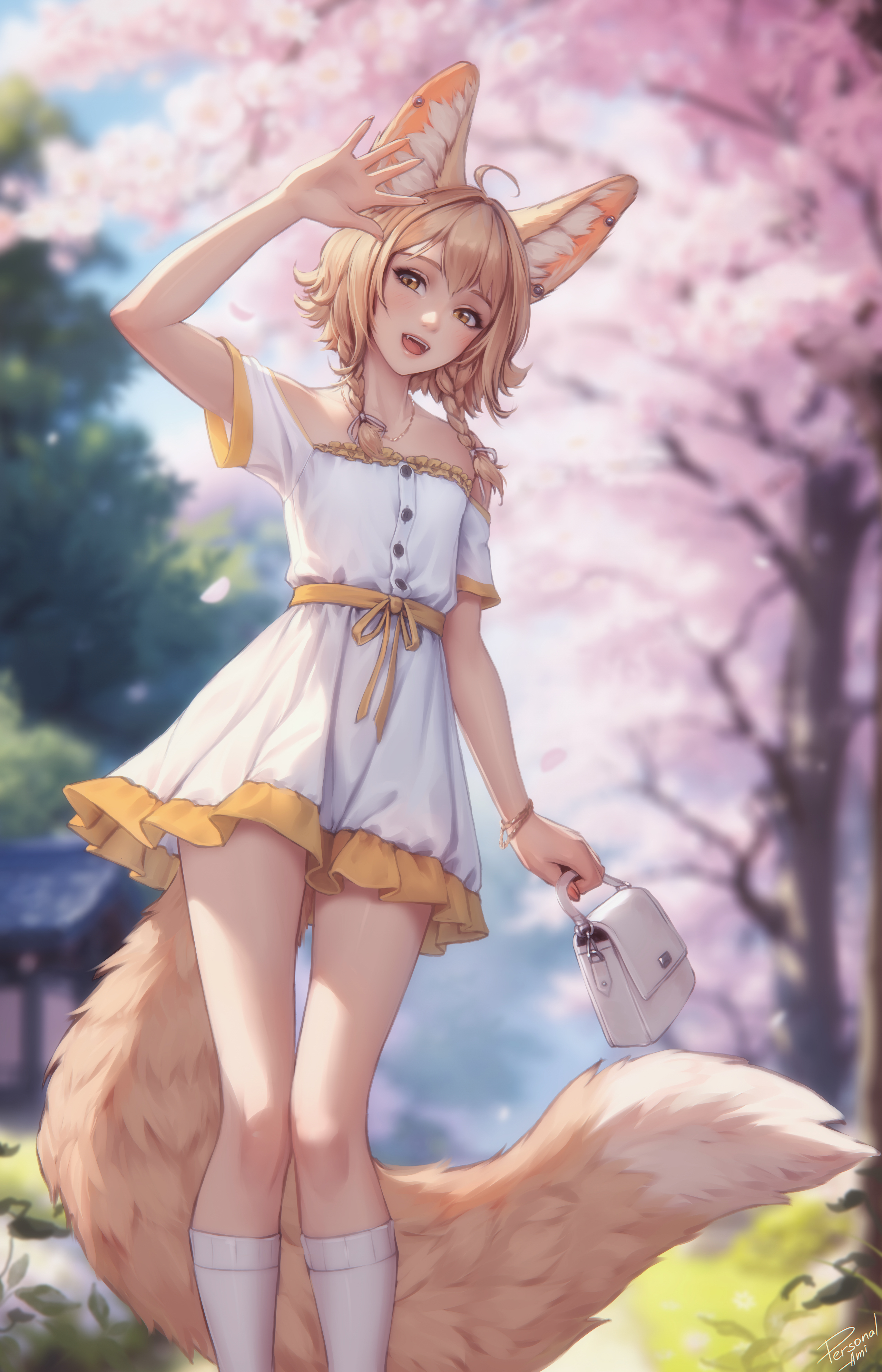 Anime 4500x7000 Khiara (OC) anime anime girls fantasy girl animal ears tail portrait display artwork drawing Personal ami purse original characters standing looking at viewer signature fox ears fox tail twintails cherry blossom petals dress frills sunlight open mouth digital art outdoors women outdoors bracelets one arm up trees braids blonde smiling socks white socks knee high socks