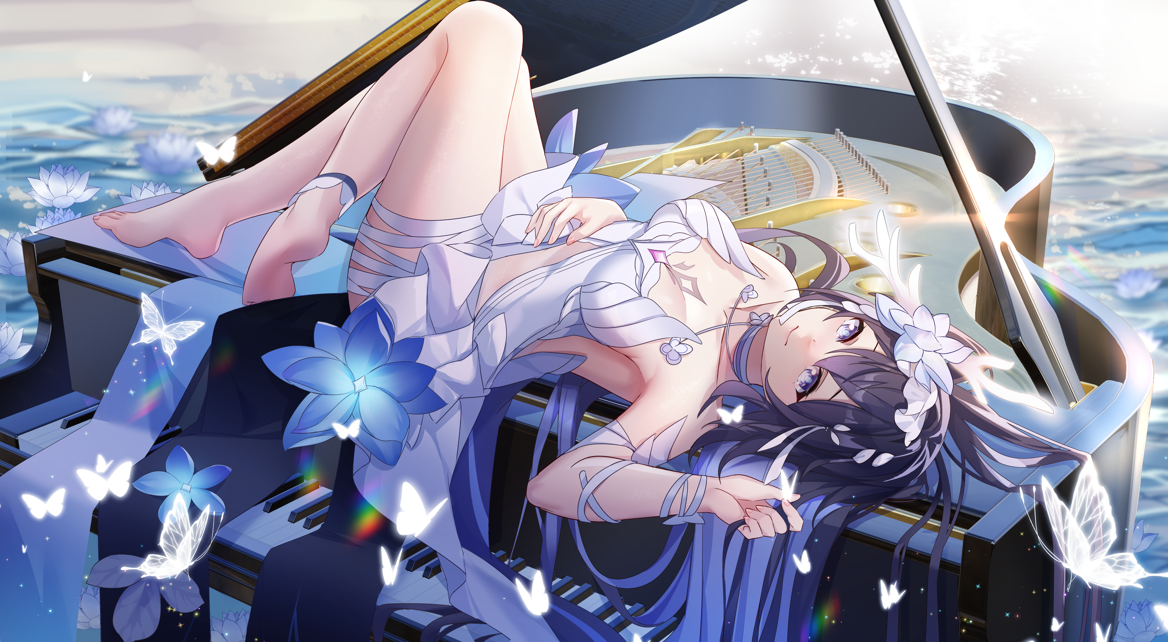 Anime 4000x2200 anime anime girls smiling lying down lying on back piano musical instrument pointed toes flowers butterfly insect water long hair sunlight big boobs blue eyes barefoot foot sole water lilies Honkai Impact Honkai Impact 3rd Seele Vollerei Herrscher of Rebirth
