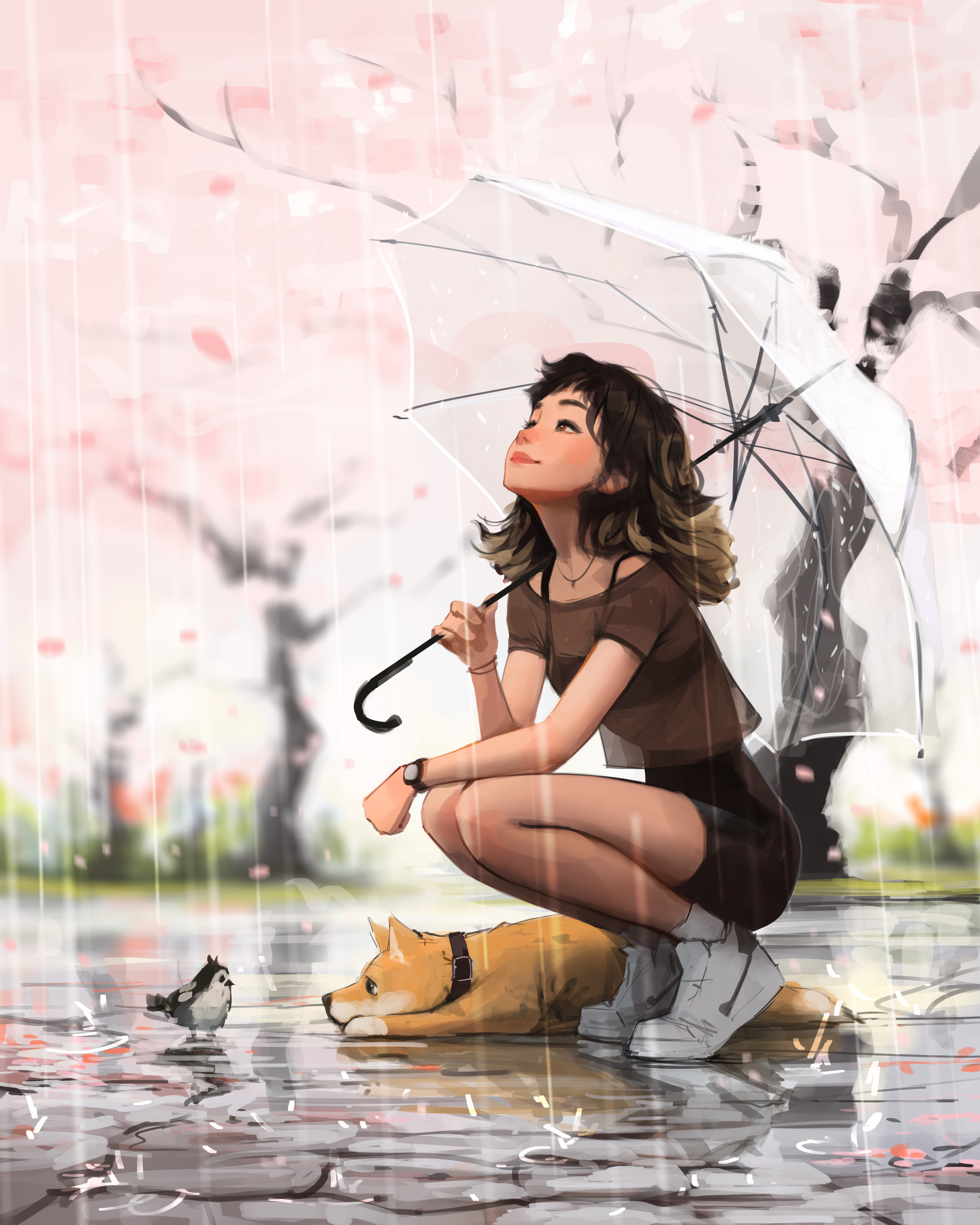 General 4320x5400 Sam Yang cherry blossom umbrella dog rain squatting portrait display smiling shoes birds blurred blurry background petals shoulder length hair animals reflection looking up closed mouth brunette brown eyes trees digital art
