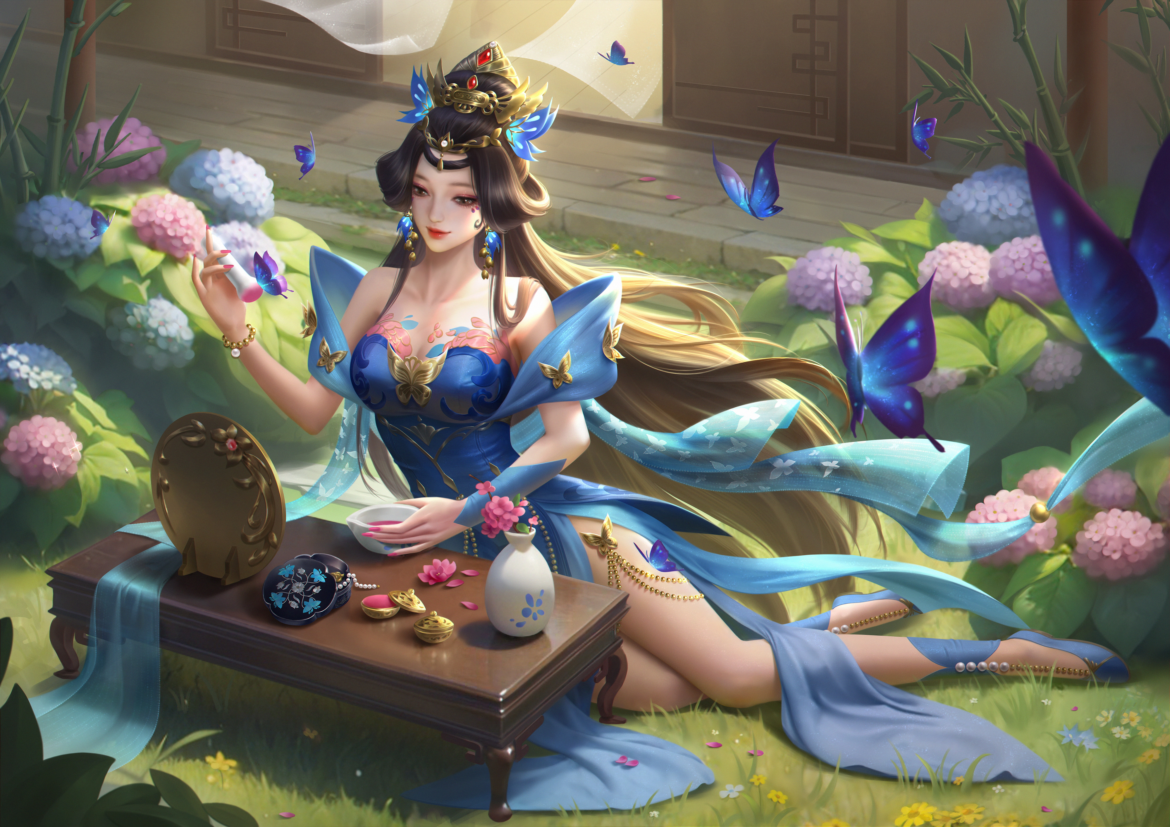 General 4000x2828 insect video game art flowers video game characters vases dress table video games long hair digital art parted lips smiling petals grass sunlight dark hair leaves video game girls brown eyes thighs