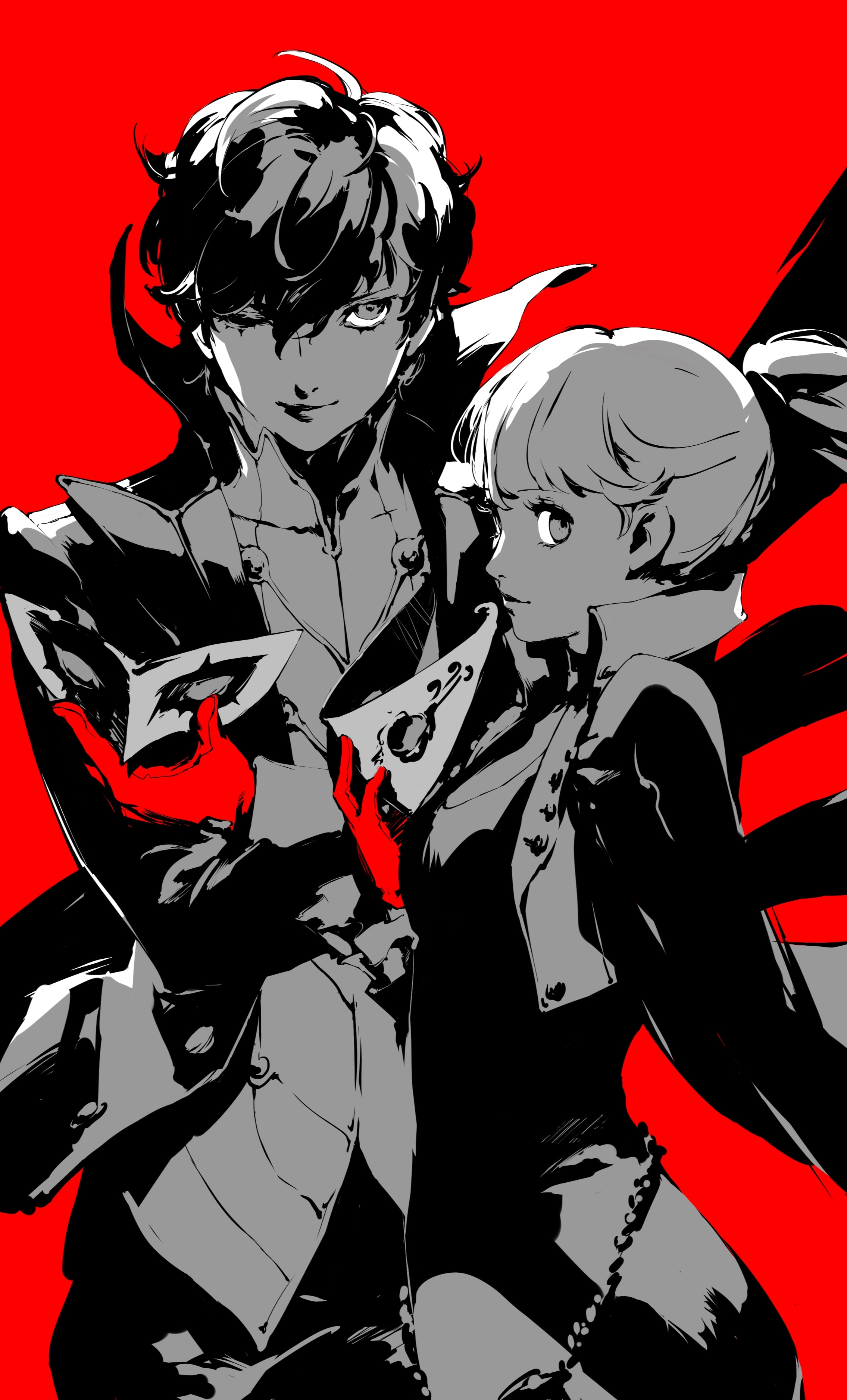 Anime 2270x3750 Kasumi Yoshizawa Protagonist (Persona 5) Persona series mask video games smiling Persona 5 portrait display looking at viewer jacket video game characters red background