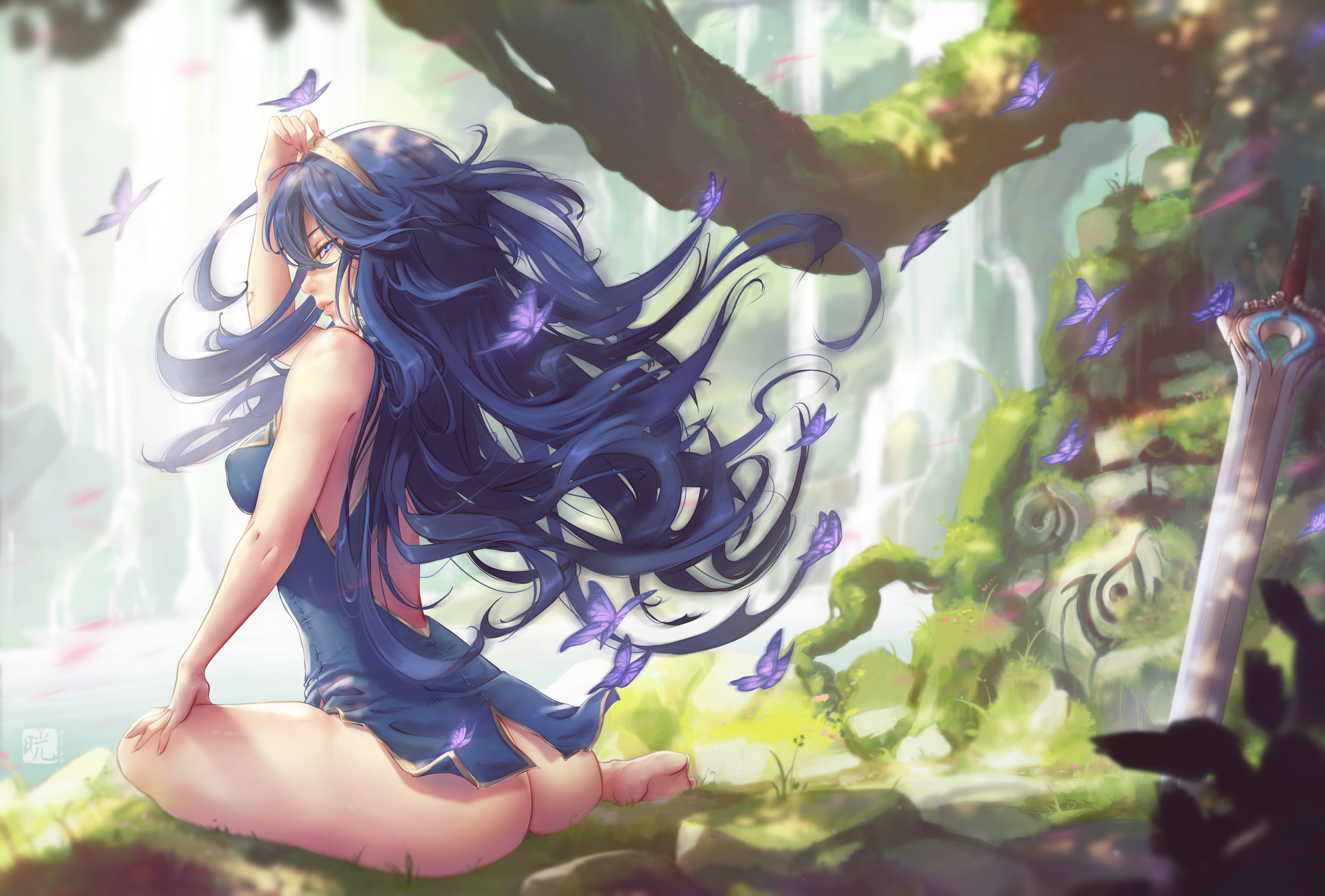 Anime 5710x3862 Mitsu long hair Lucina waterfall butterfly anime girls sitting looking at viewer water grass sword insect Fire Emblem sunlight bottomless blue hair parted lips ass video game characters video game girls rocks blue eyes