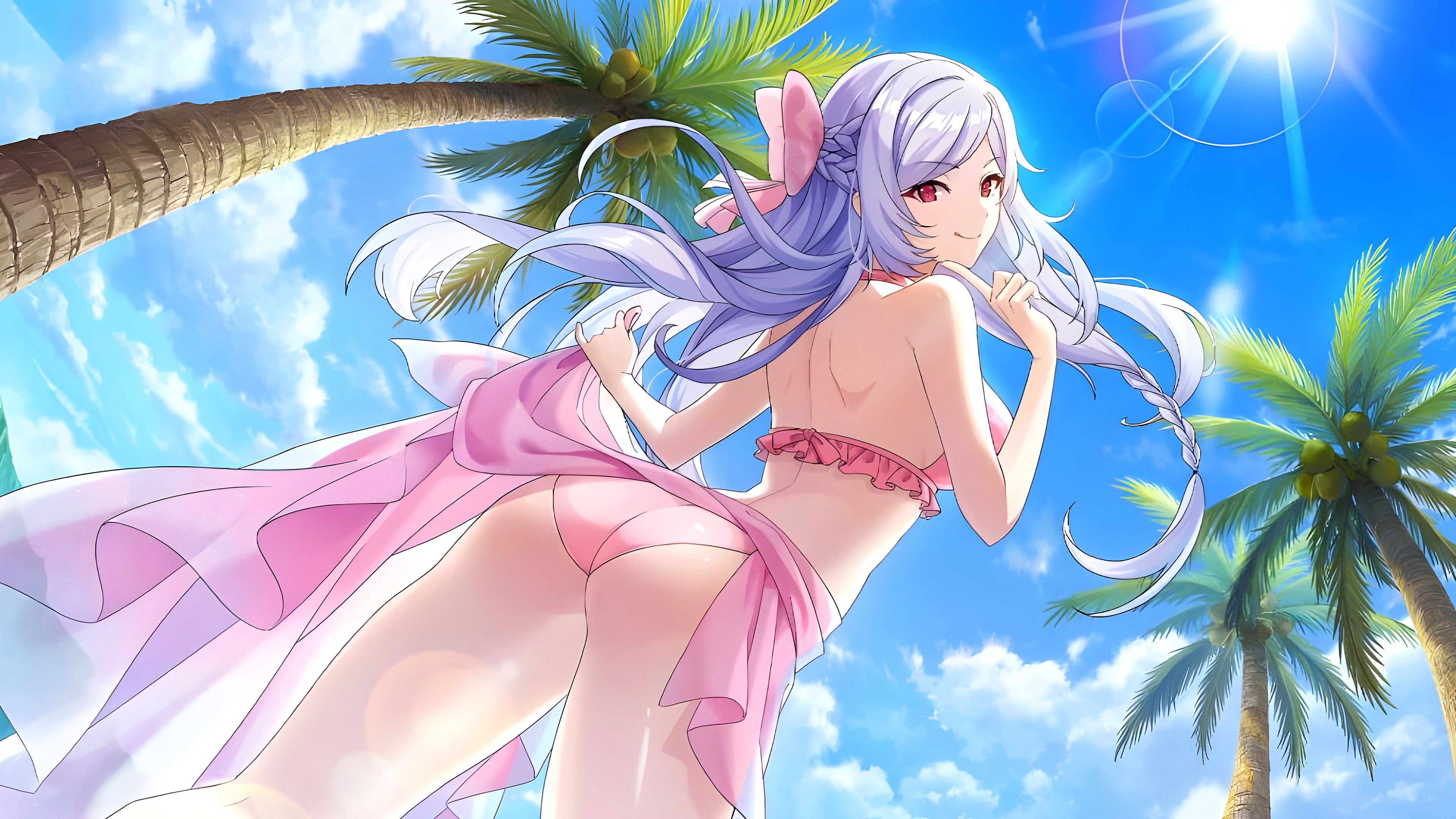 Anime 3840x2160 The Eminence in Shadow anime anime girls Alexia (The Eminence in Shadow) looking at viewer sunlight palm trees looking back closed mouth clouds tongue out smiling long hair braids ass swimwear sun rays back arched back