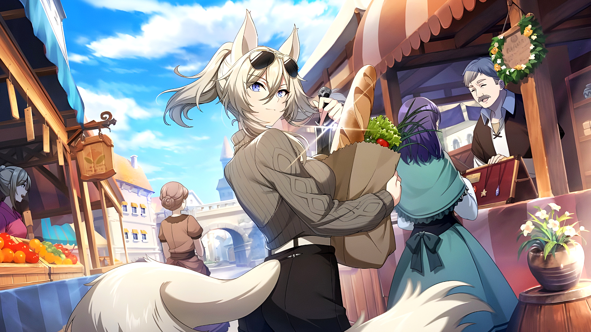 Anime 1920x1080 The Eminence in Shadow anime Shadow Garden Zeta looking at viewer anime girls daylight fox ears clouds bag fox tail bread sky fox girl closed mouth sunglasses ponytail short hair blue eyes blonde sweater shopping bags shopping vases flowers fruit