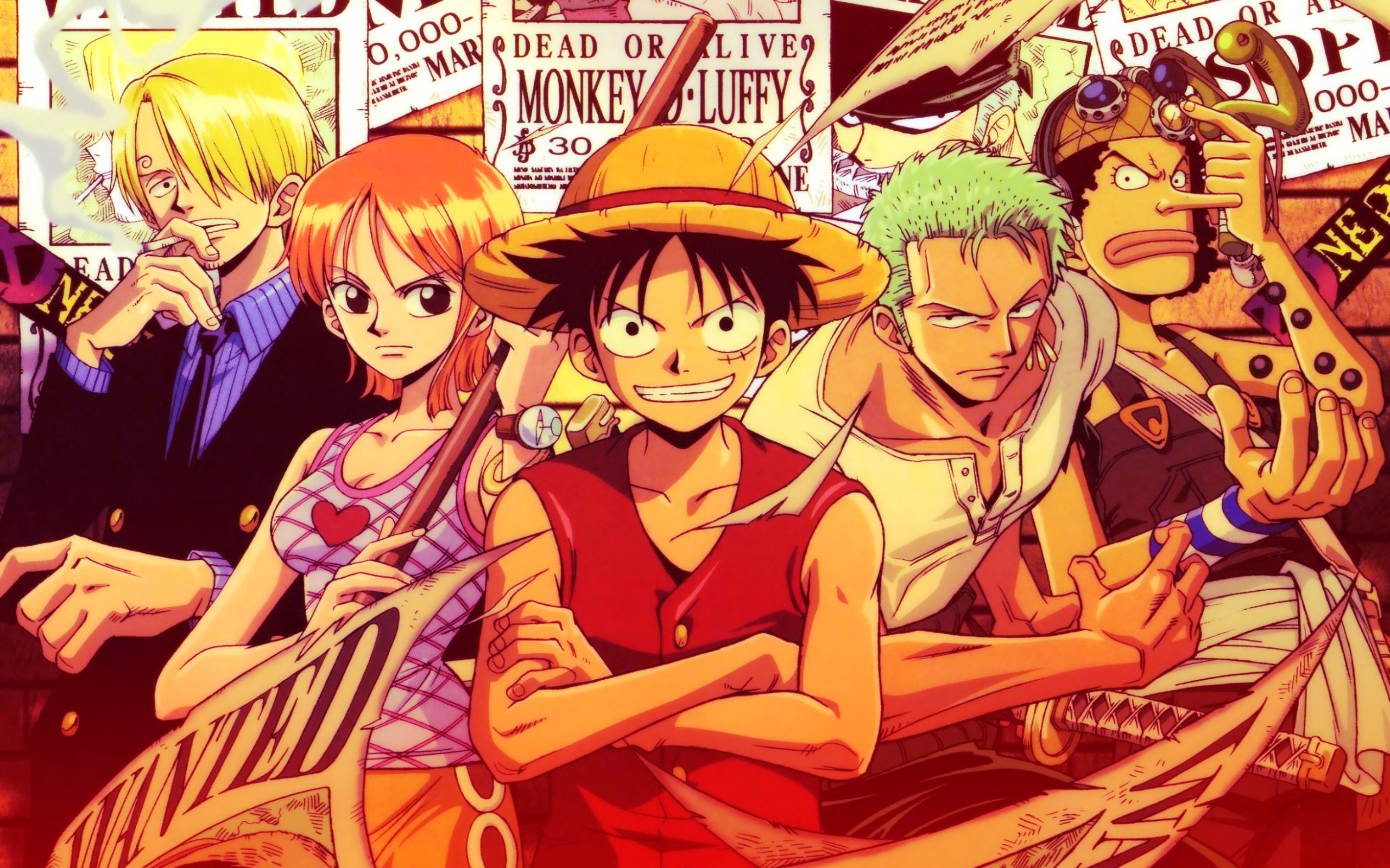 Anime 2560x1600 One Piece Monkey D. Luffy Nami Roronoa Zoro Usopp Sanji staff Wanted posters cigarettes straw hat smoking arms crossed scars looking at viewer frown anime boys anime girls closed mouth short hair hair over one eye paper bracelets sword