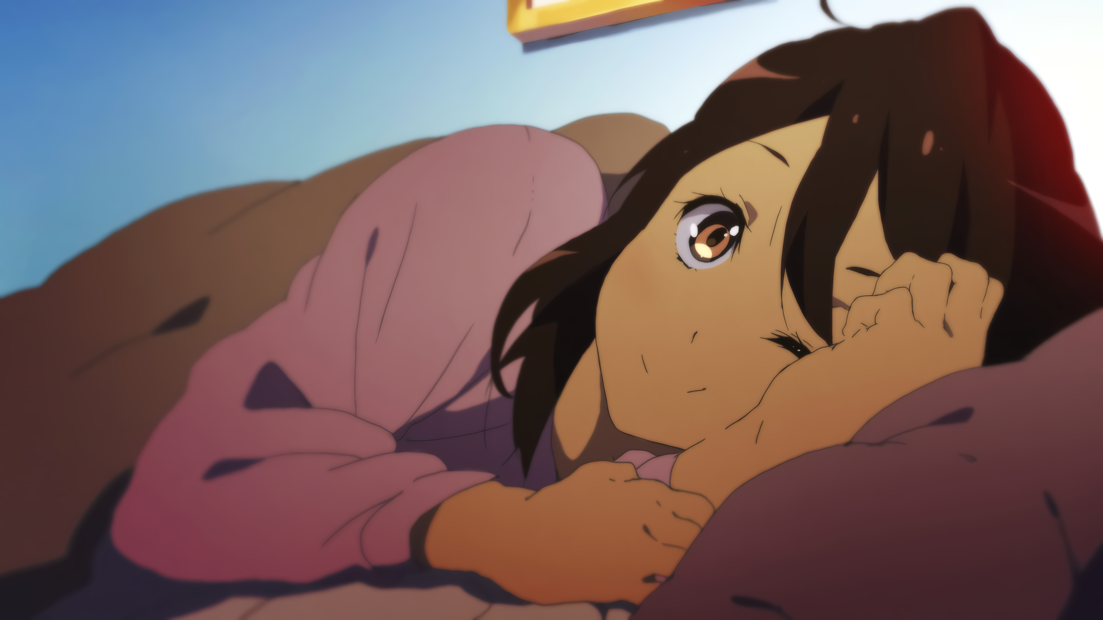 Anime 3840x2160 Tom Skender anime girls anime DeviantArt looking at viewer face one eye closed smiling closed mouth in bed lying down lying on side indoors women indoors brunette brown eyes