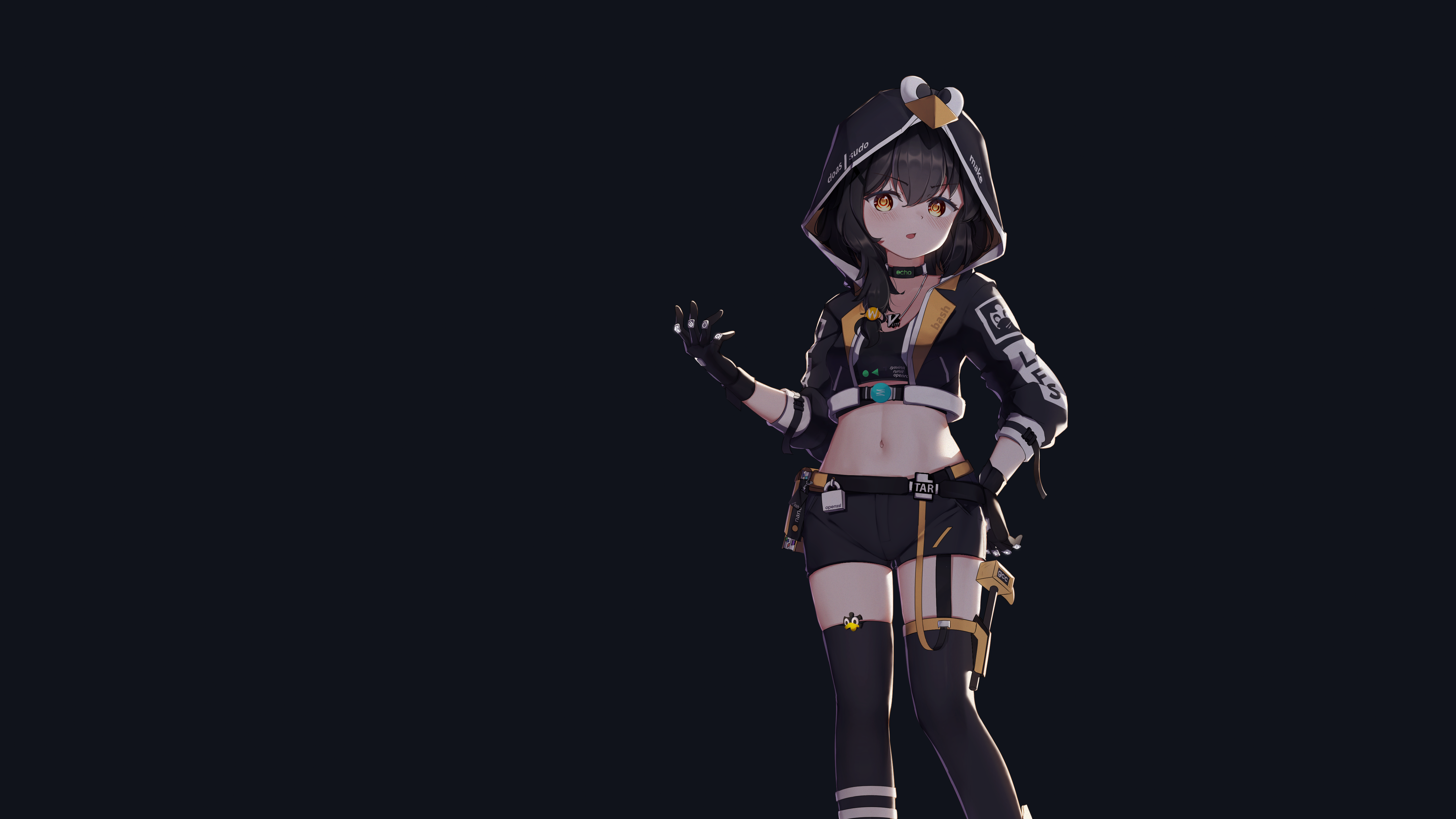 Anime 5120x2880 anime girls Linux LFS simple background black background hoods minimalism gloves belly belly button standing choker black hair yellow eyes blushing open mouth necklace shorts stockings looking at viewer OS-tan