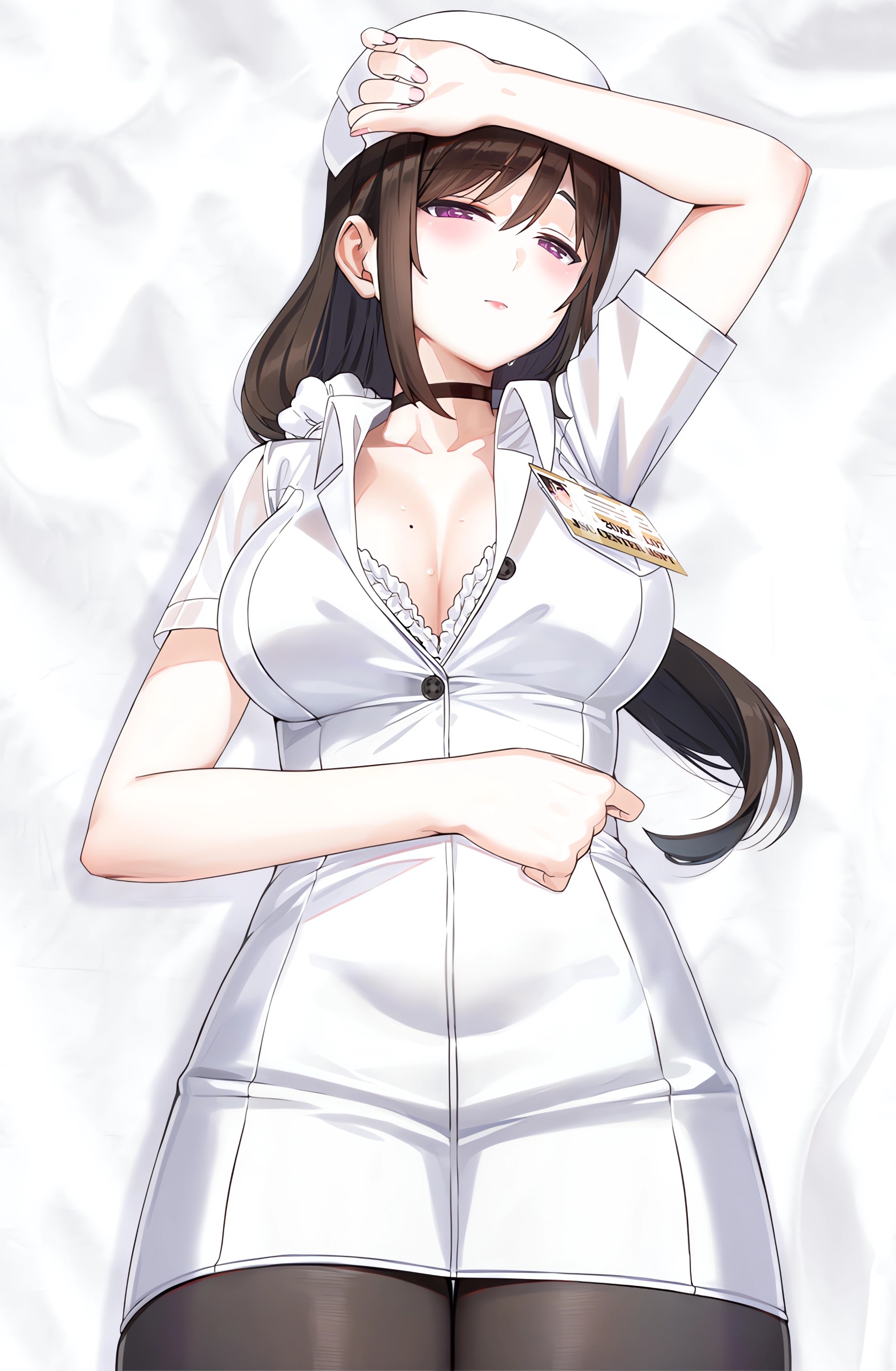 Anime 1674x2560 anime anime girls KFR Pixiv choker moles mole on breast cleavage big boobs lying down lying on back portrait display long hair looking at viewer hat uniform open shirt open clothes blushing brunette purple eyes