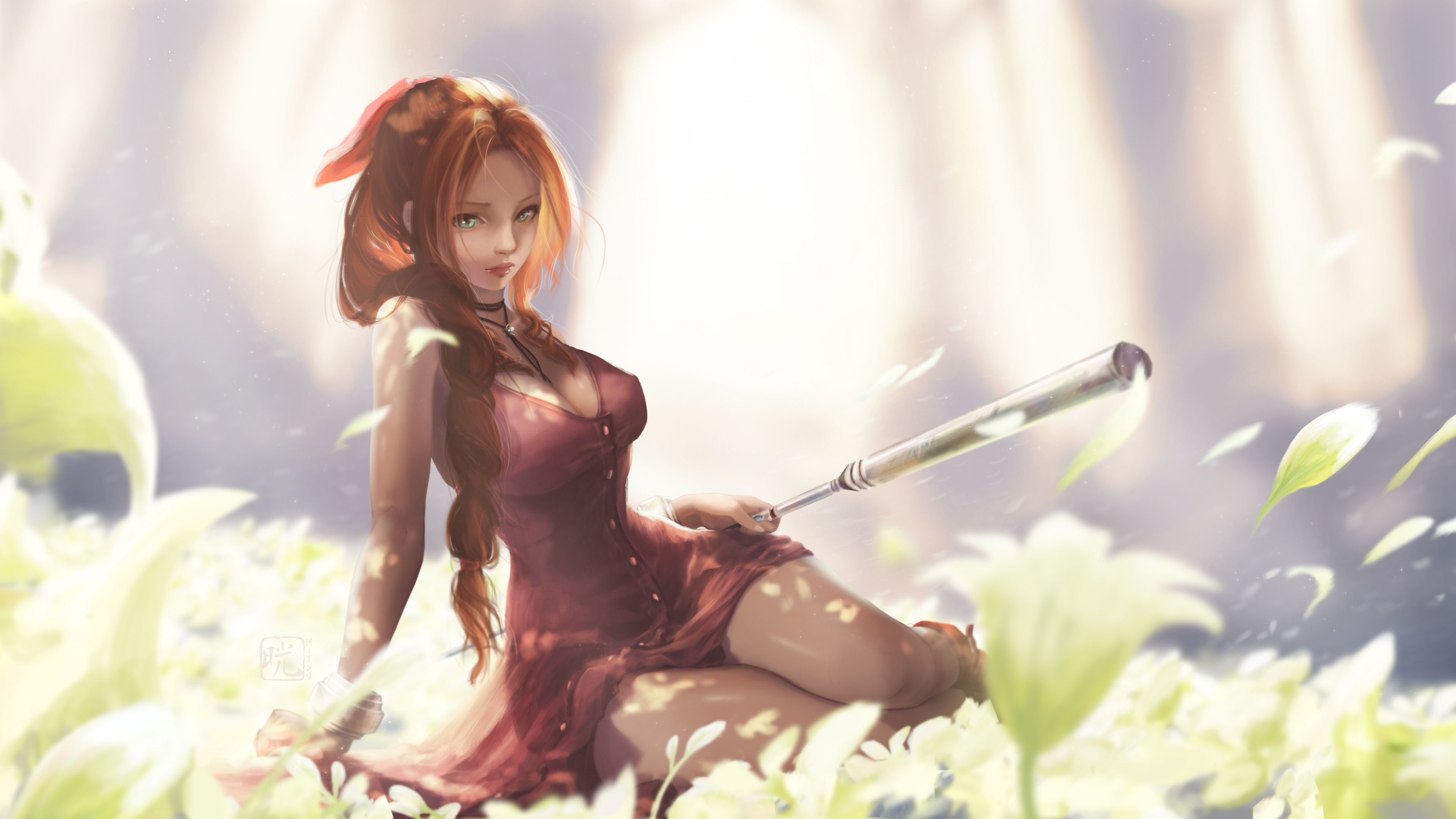 Anime 3840x2160 Mitsu Aerith Gainsborough flowers long hair brunette big boobs red dress petals dress ponytail looking at viewer blue eyes Final Fantasy closed mouth video game girls choker sunlight Final Fantasy VII Final Fantasy VII: Remake