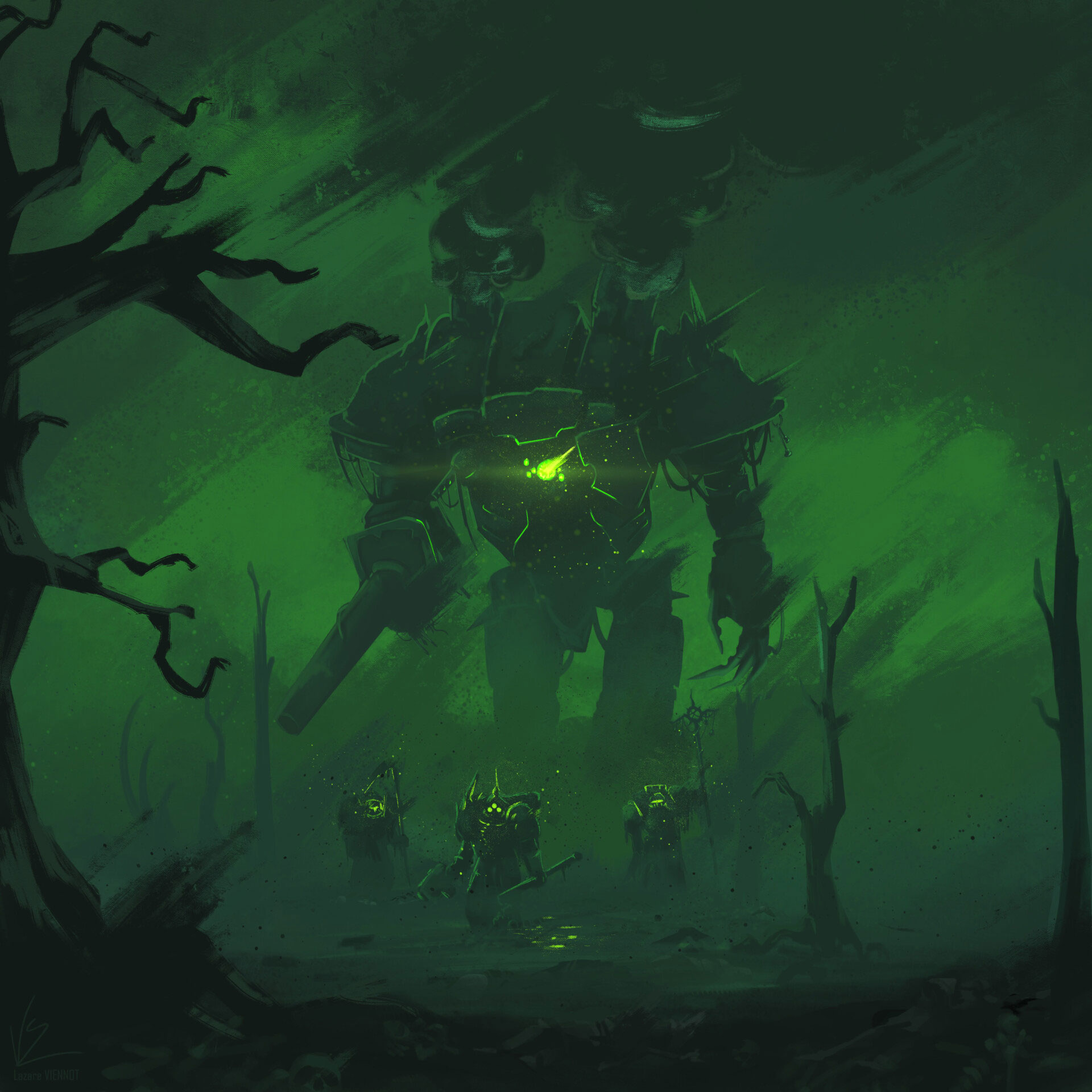 General 1920x1920 green green eyes green sky knight space marines Nurgle dead trees Plauge Marines Death Guard bolter cannons science fiction Warhammer 40,000 armor Warhammer video games video game characters