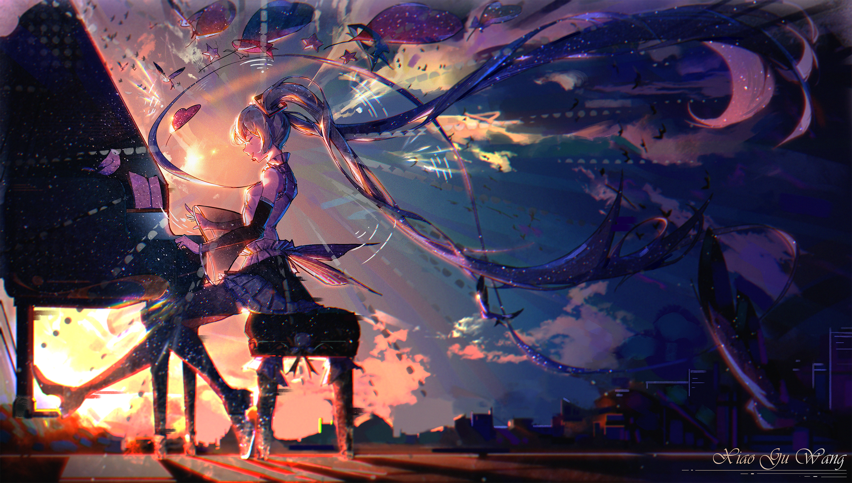 Anime 2952x1676 Hatsune Miku piano dawn anime girls anime Pixiv sky Vocaloid sunlight sunset sunset glow musical instrument twintails closed eyes clouds signature balloon long hair