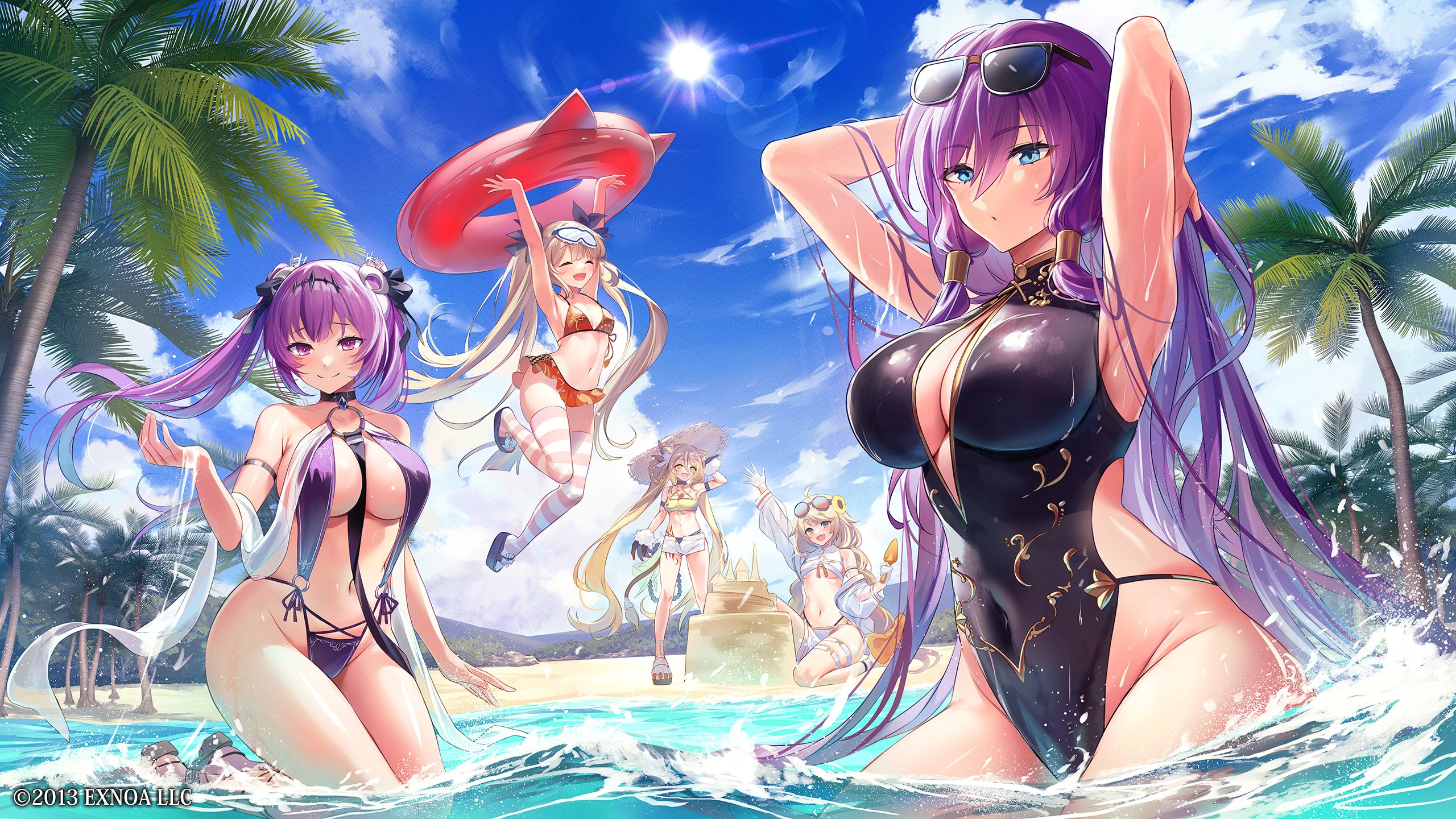 Anime 2560x1440 Sennen Sensou Aigis sky group of women bikini swimwear water drops hands in hair sand castle looking at viewer beach one-piece swimsuit clouds boobs women on beach women outdoors water Erlang Shen (Sennen Sensou Aigis) Hatsune (Sennen Sensou Aigis) Hecatie (Sennen Sensou Aigis) Leone (Sennen Sensou Aigis) Patricia (Sennen Sensou Aigis) hair ornament floater floating bare shoulders striped leggings armpits palm trees open mouth twintails sunglasses arms up big boobs watermarked thighs wet body long hair kneeling smiling cleavage cutout wet Sun anime girls