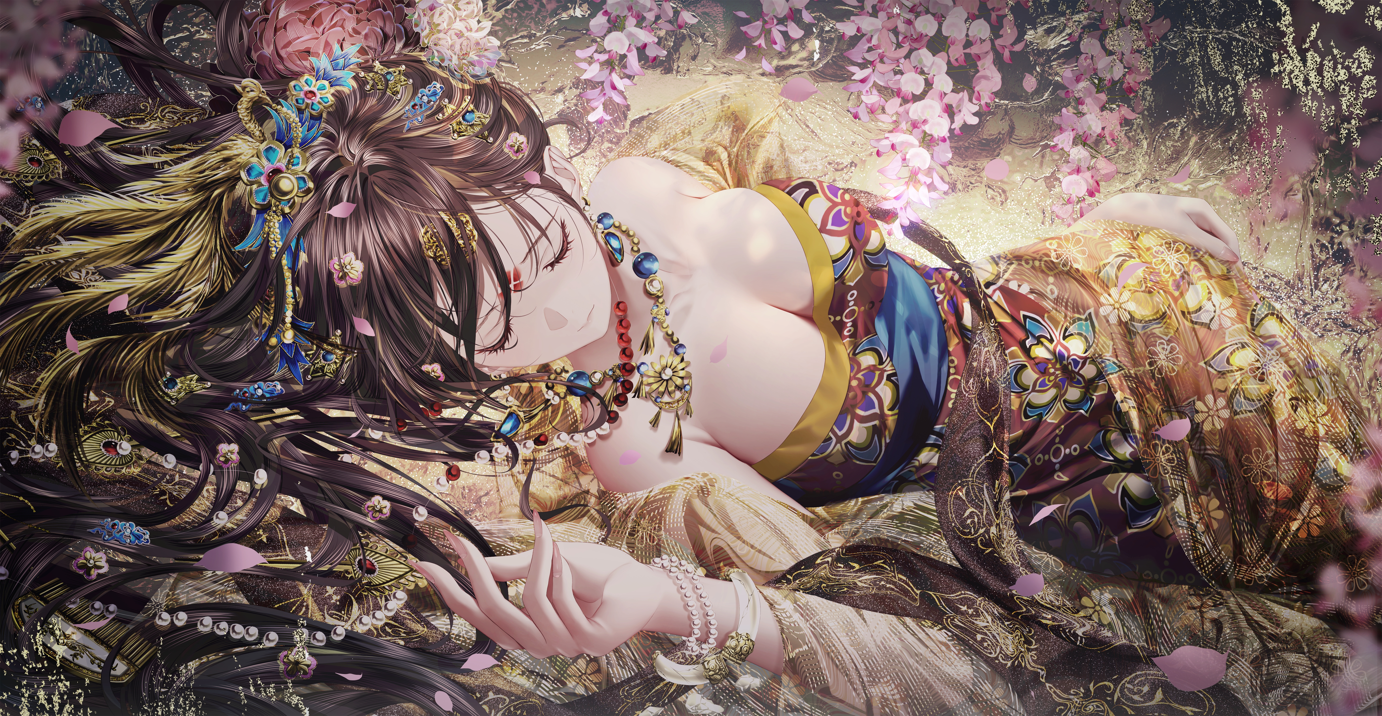 Anime 5819x3014 Pixiv anime anime girls cleavage sleeping closed eyes lying down lying on back long hair big boobs petals jewelry dress bracelets flowers necklace closed mouth