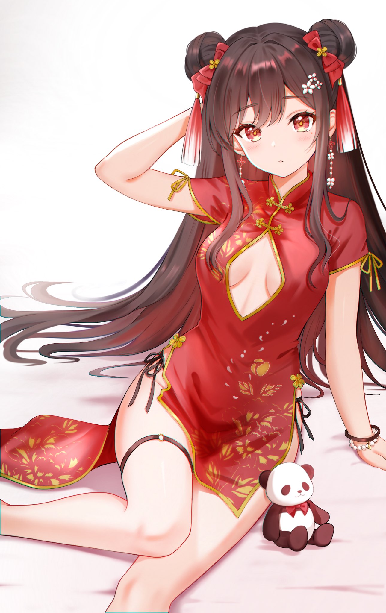 Anime 1289x2048 anime anime girls Chinese clothing panda twin buns thighs mole under eye moles blushing portrait display long hair hairbun cleavage cleavage cutout looking at viewer earring hair bows frown bracelets short sleeves