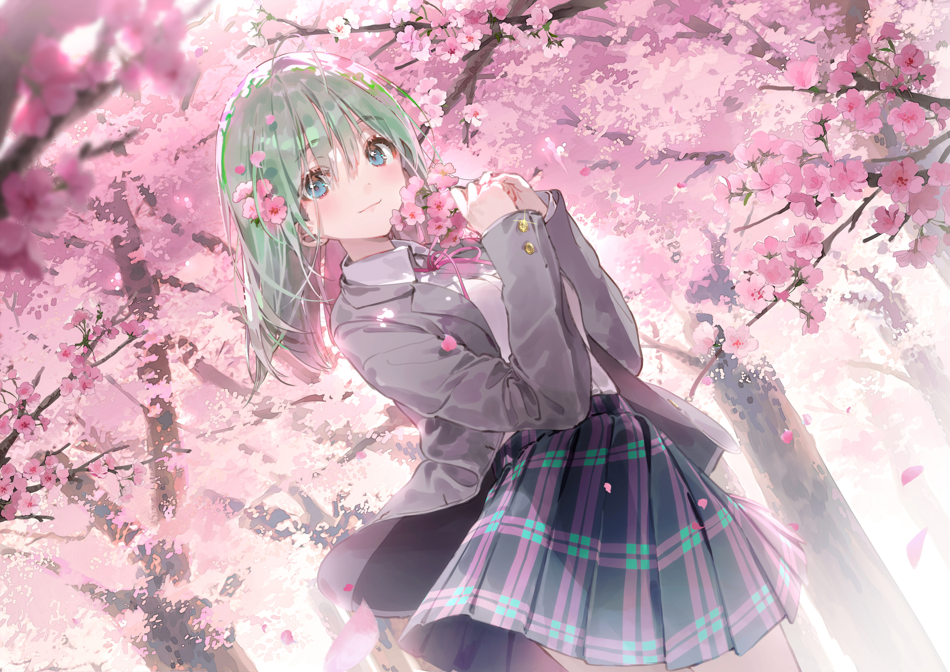 Anime 3253x2300 anime anime girls original characters trees petals skirt frills looking at viewer smiling closed mouth blushing green hair blue eyes outdoors women outdoors flowers cherry blossom branch flower in hair sunlight