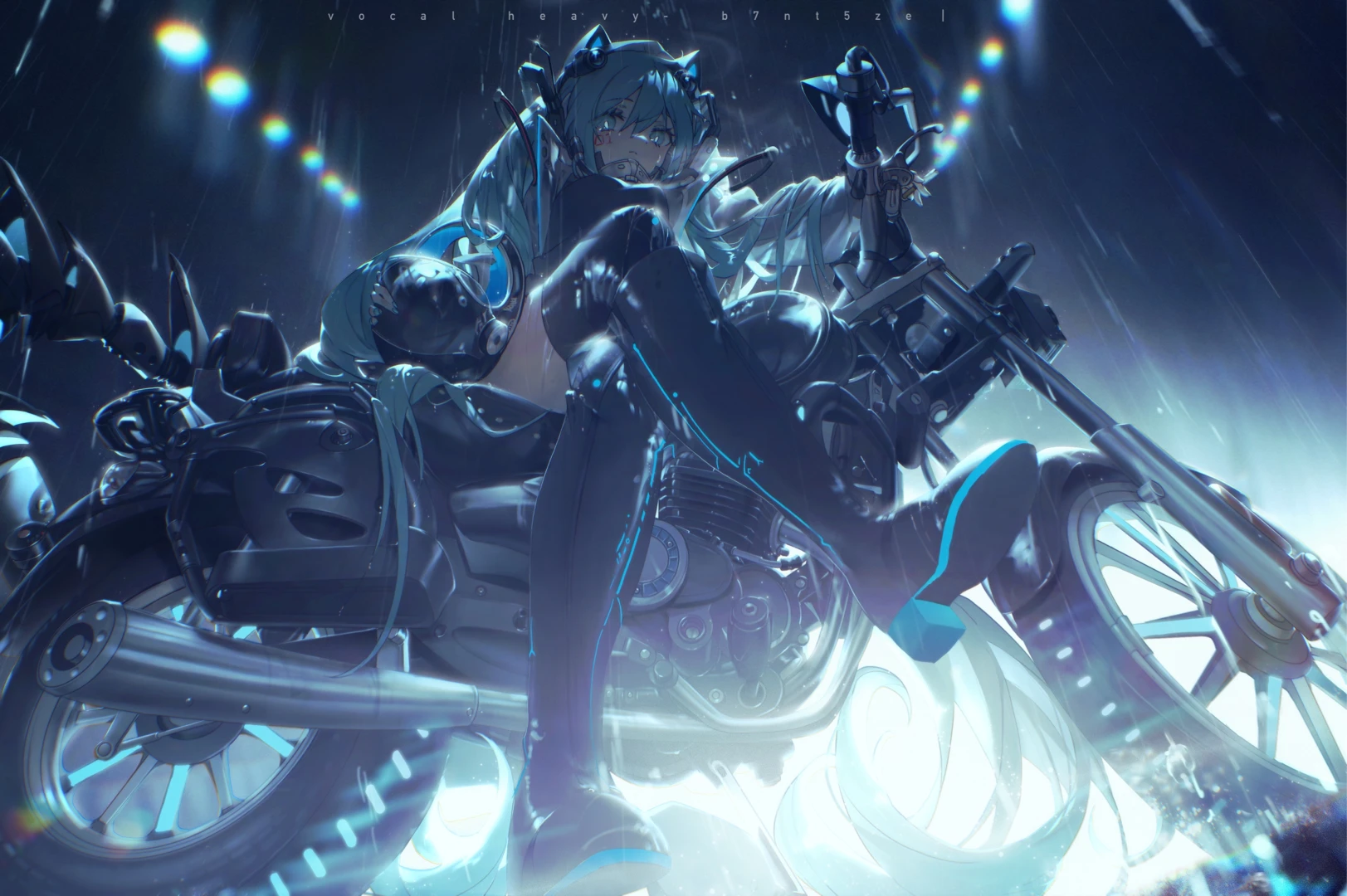Anime 1623x1080 anime anime girls Hatsune Miku Vocaloid blue hair blue eyes looking at viewer sitting thigh high boots lights long hair motorcycle legs crossed rain cat ears vehicle wet women with motorcycles low-angle boots