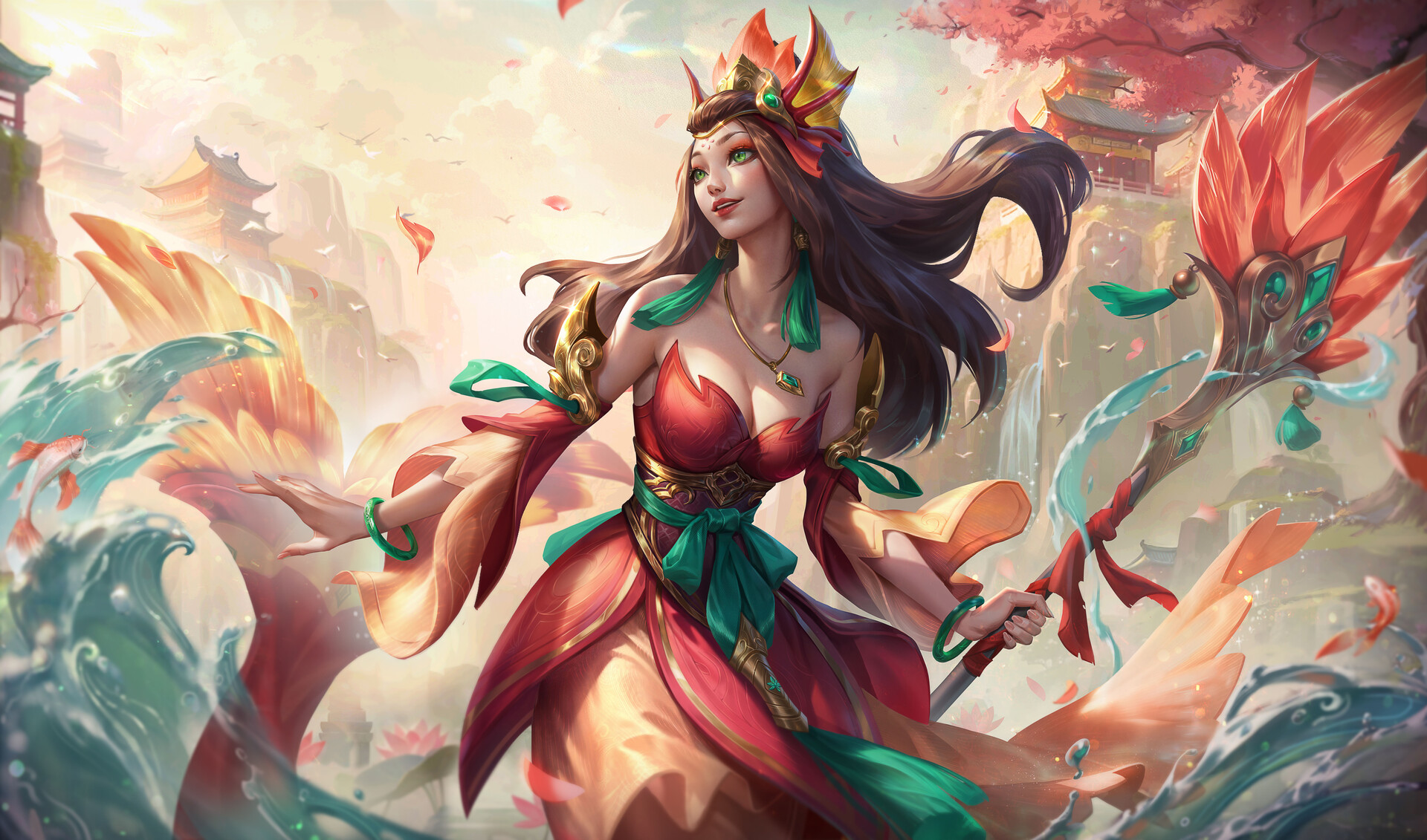 General 1920x1131 Mang Qi drawing brunette green eyes dress fantasy art Nami (League of Legends) League of Legends women digital art looking away parted lips clouds long hair petals wind water temple waterfall cleavage bracelets staff smiling sunlight necklace