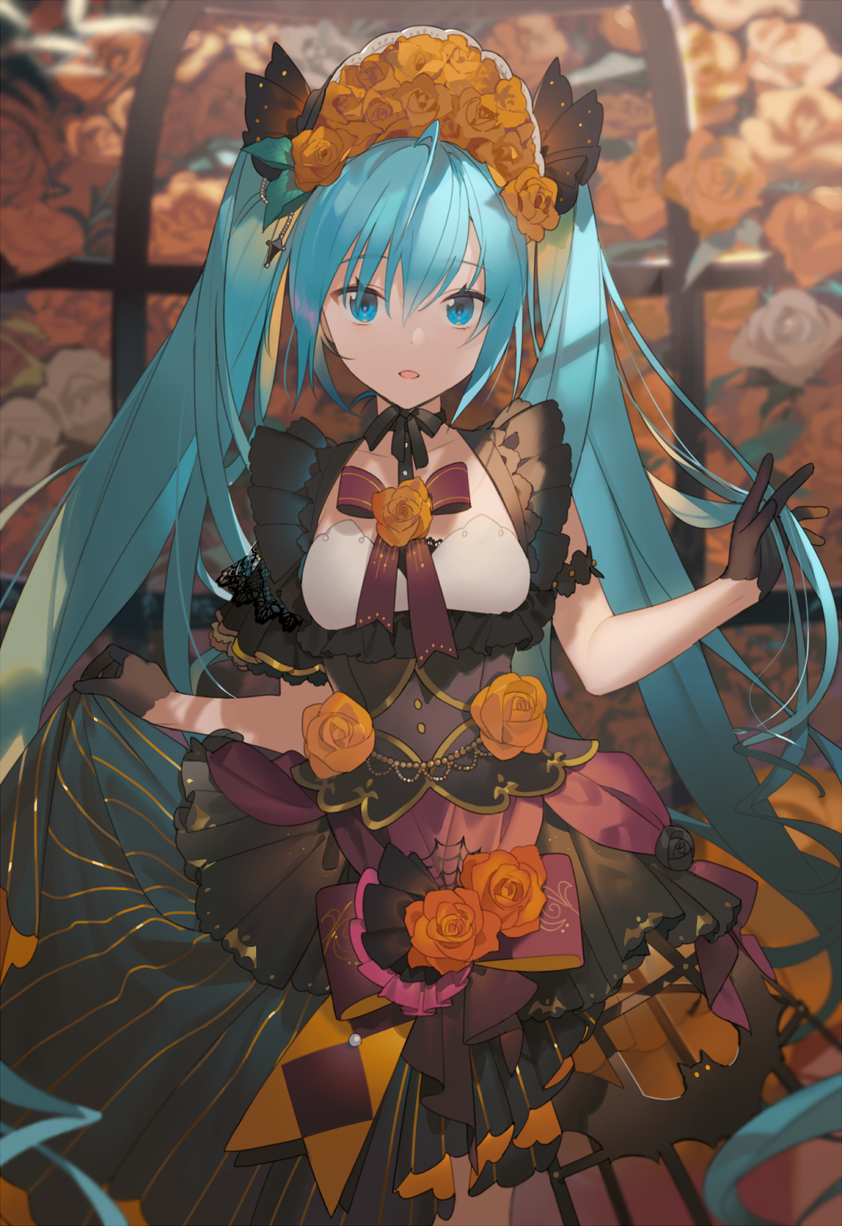 Anime 1200x1748 anime anime girls Hatsune Miku Vocaloid blue hair blue eyes portrait display dress gloves looking at viewer twintails flowers