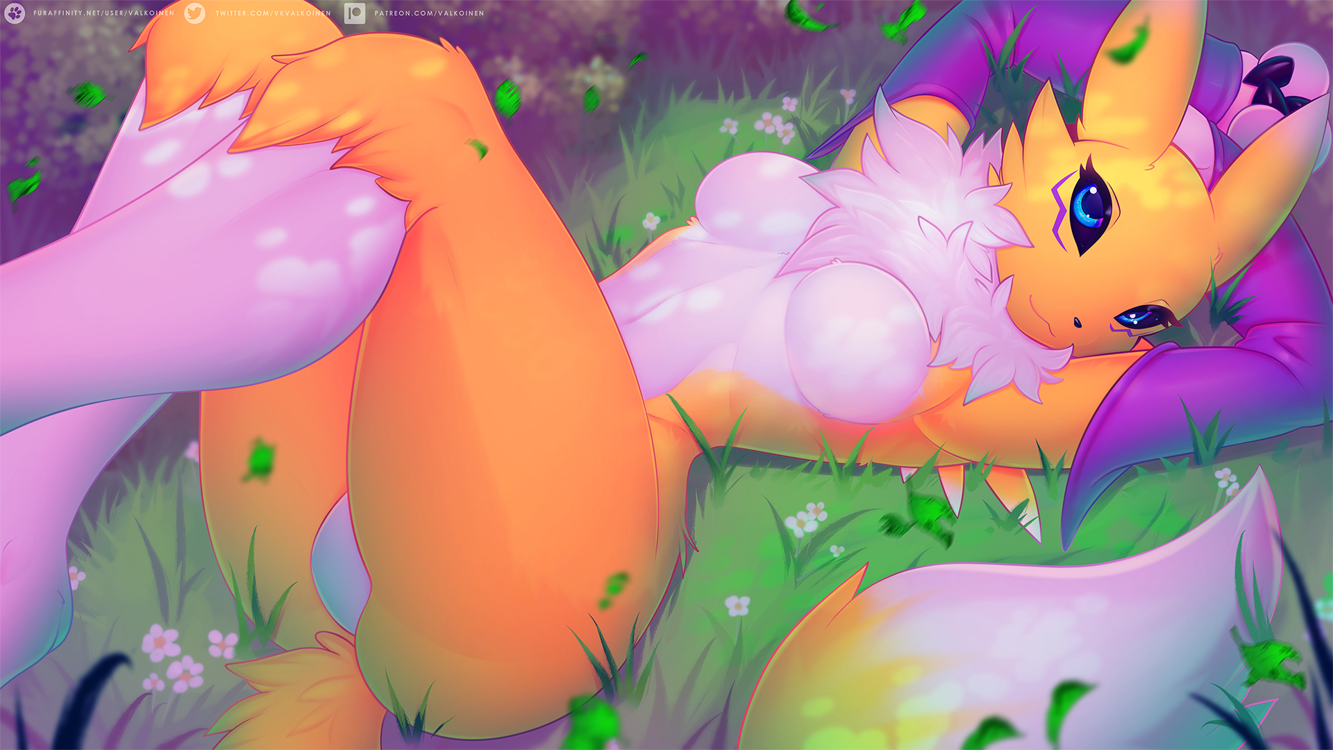 Anime 1920x1080 Valkoinen Renamon Digimon furry furry girls forest blue eyes Anthro watermarked fur lying down lying on back grass flowers leaves armpits claws