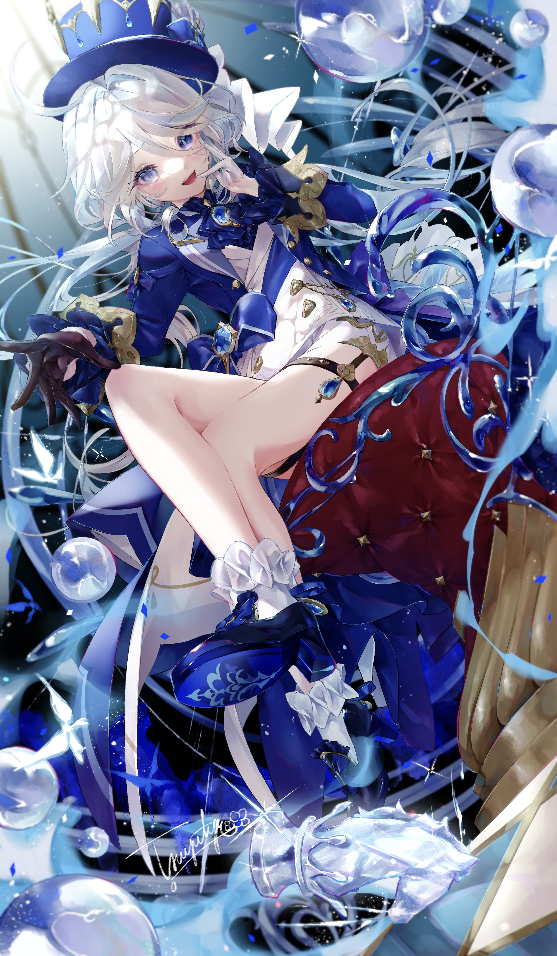 Anime 1890x3242 anime Pixiv anime girls Genshin Impact Furina (Genshin Impact) hat portrait display signature sitting legs crossed long hair butterfly water drops looking at viewer gloves heterochromia blue eyes blue hair sunlight mismatched gloves smiling