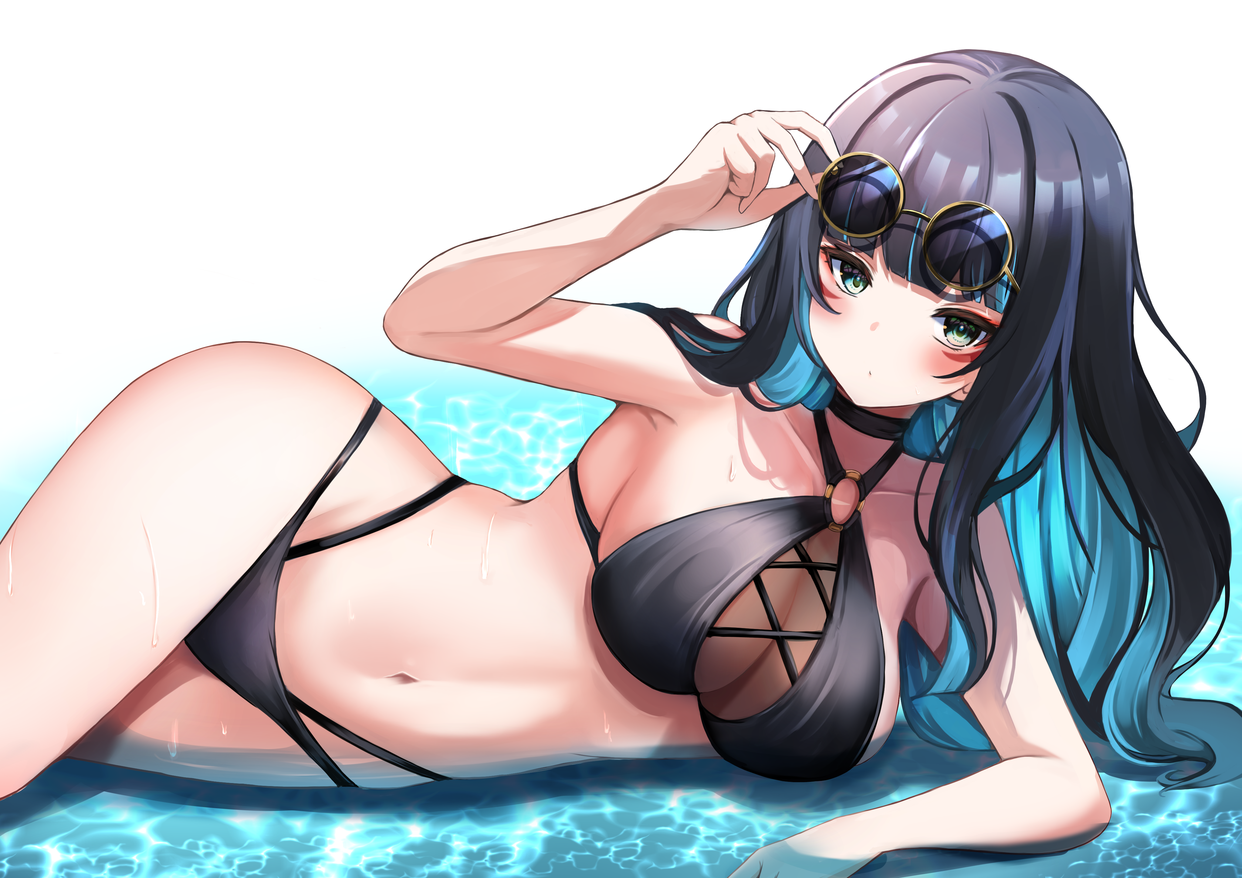 Anime 4093x2894 legs bikini water big boobs blushing sunglasses long hair two tone hair choker Fate/Grand Order wet swimwear anime girls looking at viewer wet body Ometeotl tenochtitlan