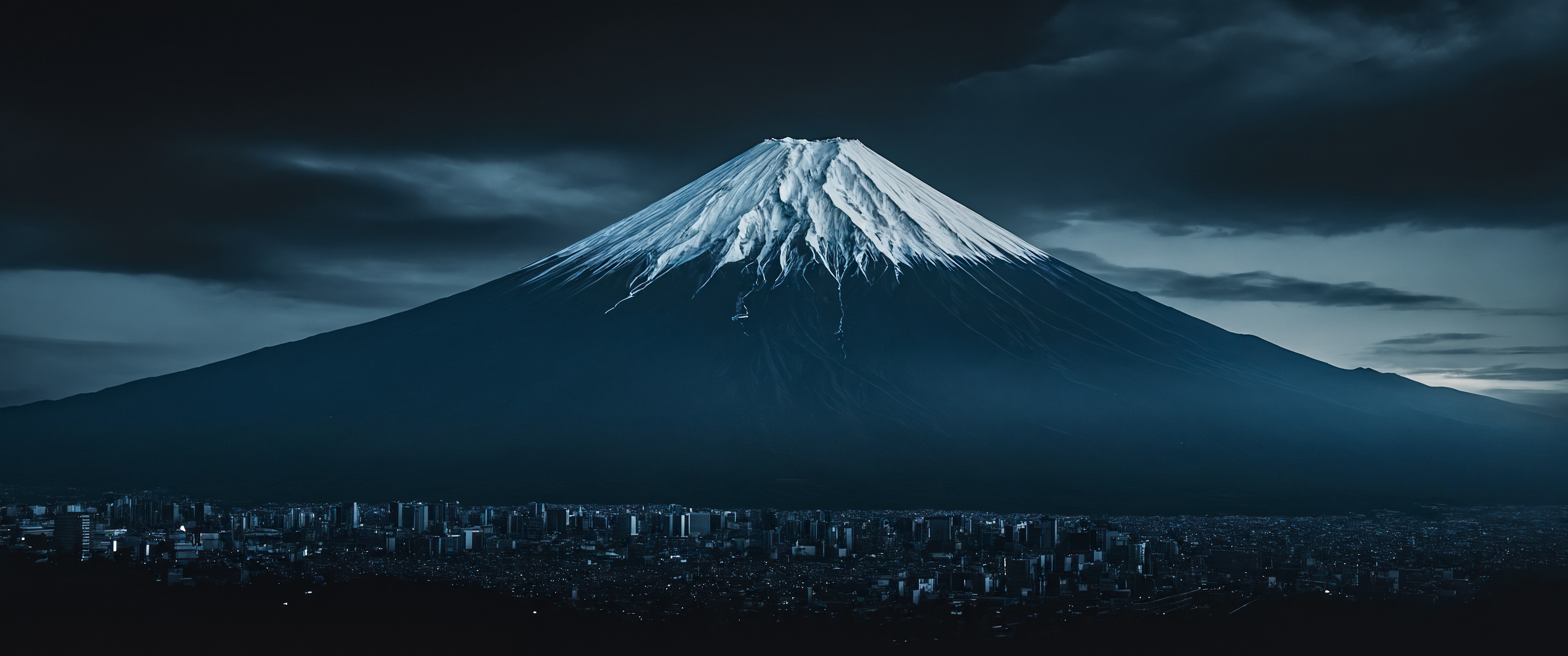 General 3440x1440 AI art Mount Fuji landscape digital art snowy peak clouds sky city mountains