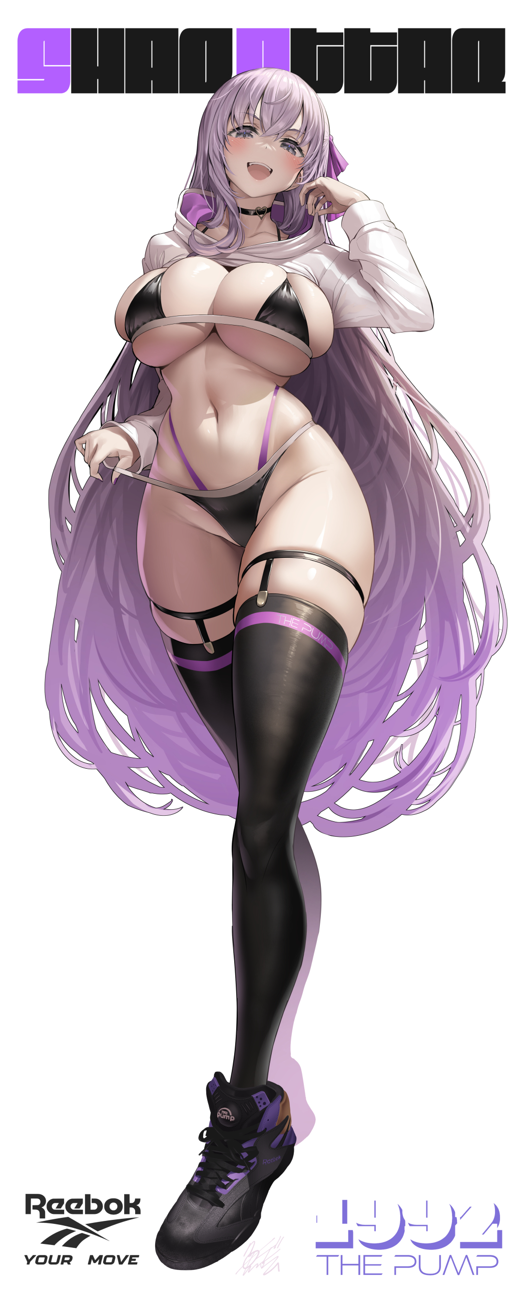 Anime 1039x2576 anime girls purple eyes huge breasts Uo Denim choker portrait display looking at viewer long hair simple background shoes white background thong minimalism cleavage open mouth blue eyes BB (Fate/Extra CCC ) thighs Fate series bikini thigh-highs smiling