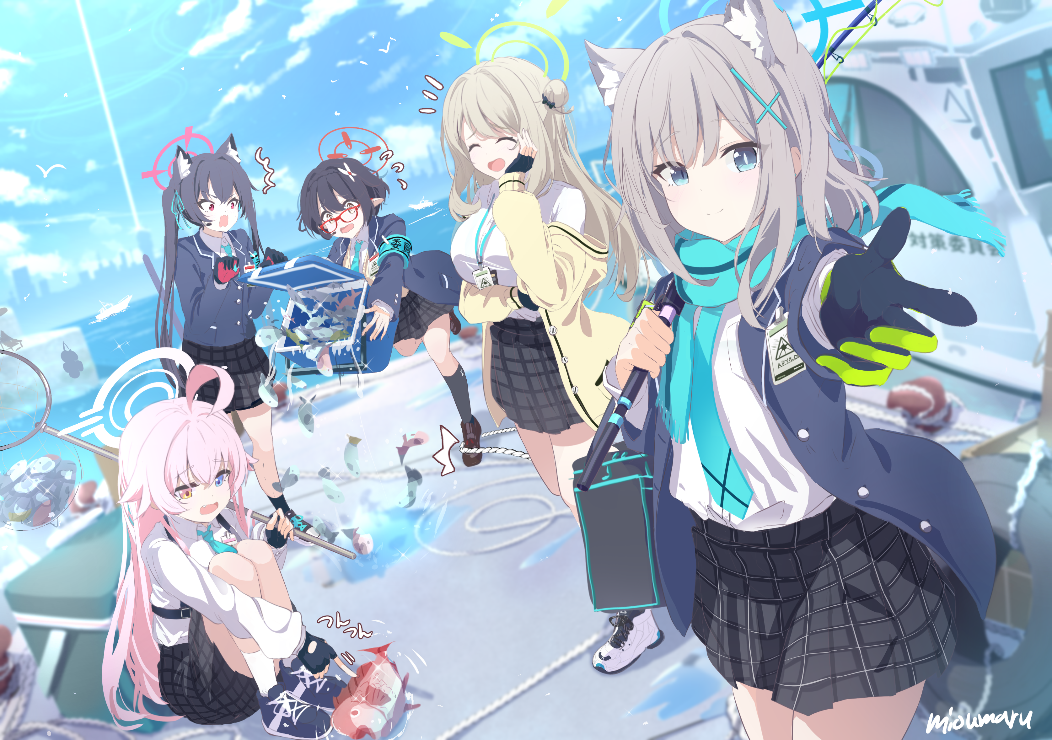 Anime 3352x2358 anime anime girls scarf Ayane (Blue Archive) Takanashi Hoshino (Blue Archive) Izayoi Nonomi (Blue Archive) Kuromi Serika (Blue Archive) Blue Archive long hair looking at viewer clouds sky skirt bag schoolgirl school uniform sunlight birds water heterochromia twintails cat girl cat ears tie gloves fingerless gloves open mouth signature Shiroko (Blue Archive) fish fishing net necktie open jacket open clothes pointy ears glasses arms reaching short hair mismatched pupils ahoge