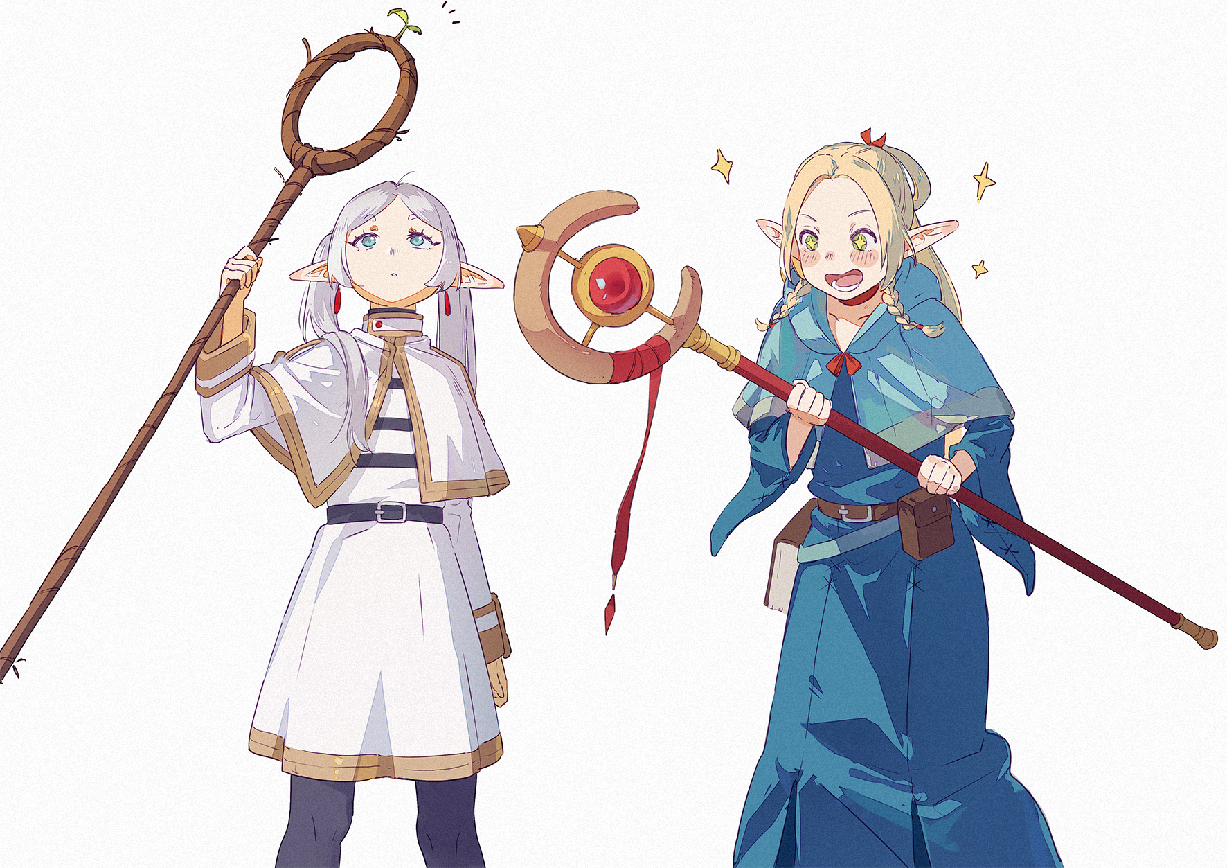 Anime 1772x1253 Sousou No Frieren staff Delicious in Dungeon elves anime girls looking up Frieren two women simple background robes white background skirt long hair pointy ears sparkles standing long sleeves capelet happiness open mouth tss-mire striped shirt crossover twintails Marcille Donato