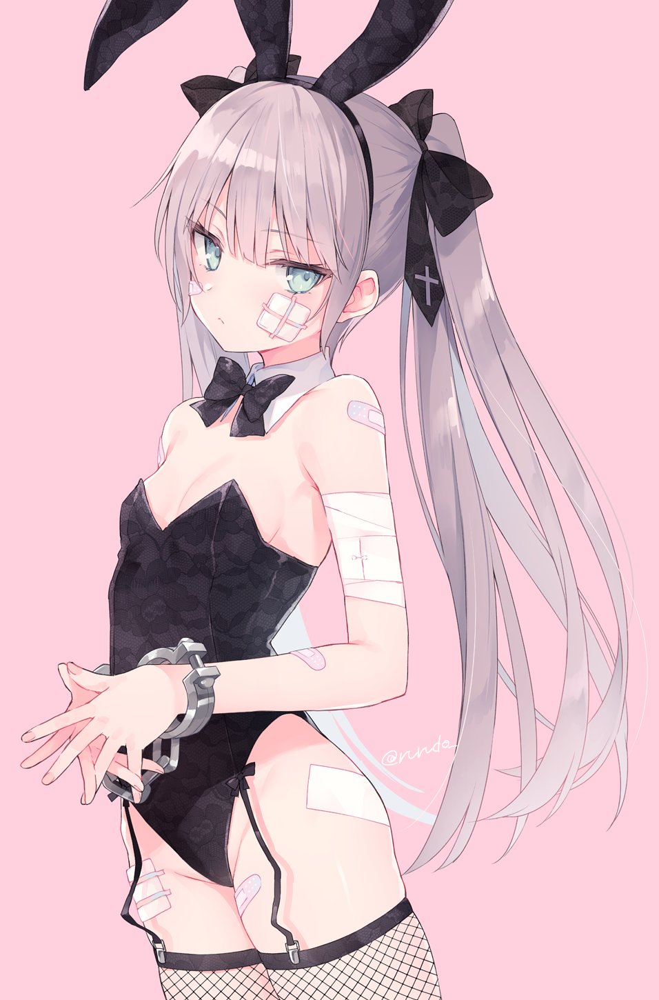 Anime 956x1450 Rurudo anime anime girls fishnet bunny suit bunny ears bow tie looking at viewer long hair portrait display bandages band-aid twintails hair bows simple background thighs small boobs minimalism