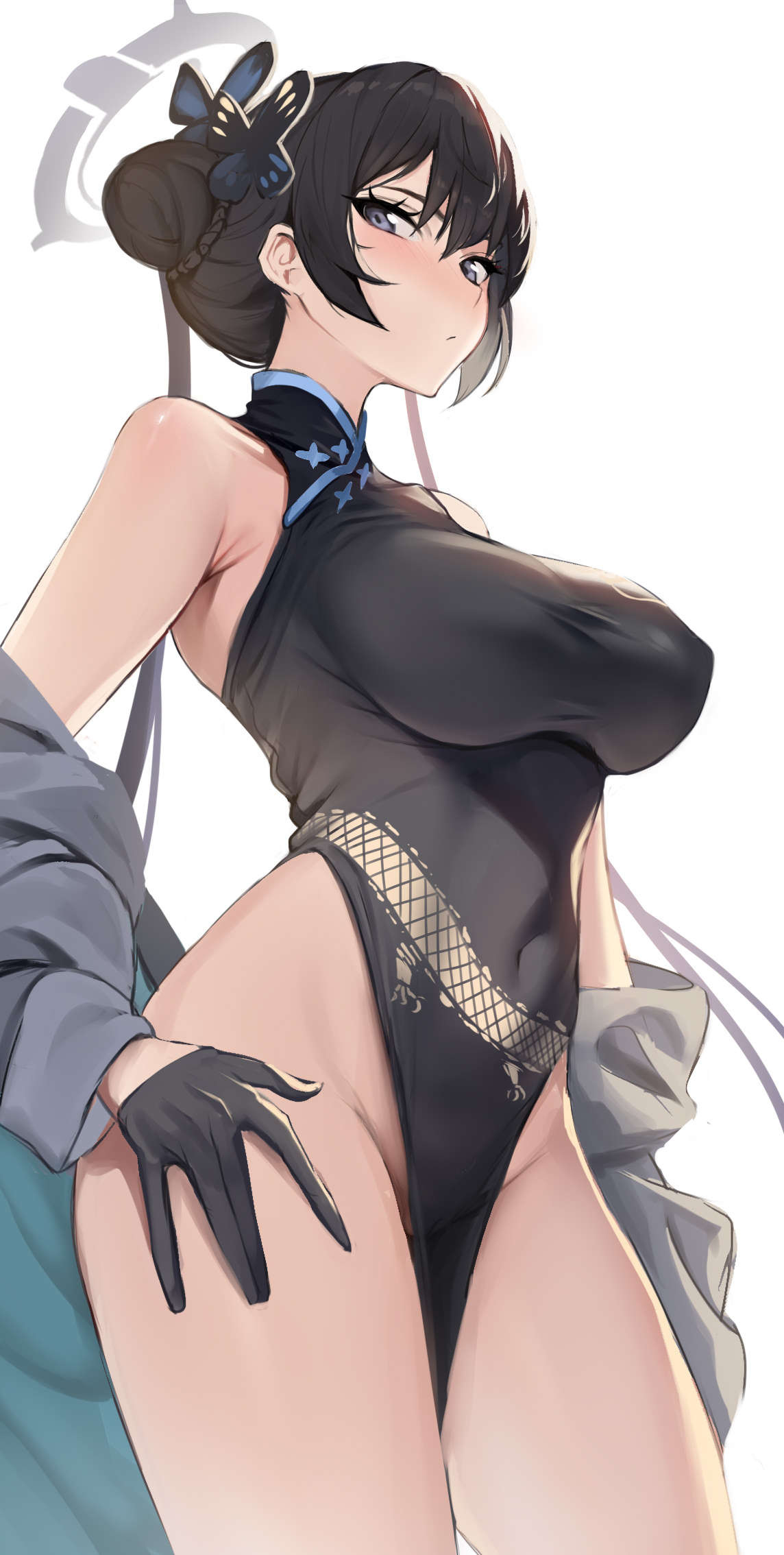 Anime 1144x2268 Blue Archive black dress portrait display anime girls Kisaki (Blue Archive) dress simple background gloves white background thighs looking at viewer hairbun huge breasts gray eyes black hair blushing Chinese dress odango twintails hair ornament cheongsam ksorede bare shoulders armpits nopan hand on thigh