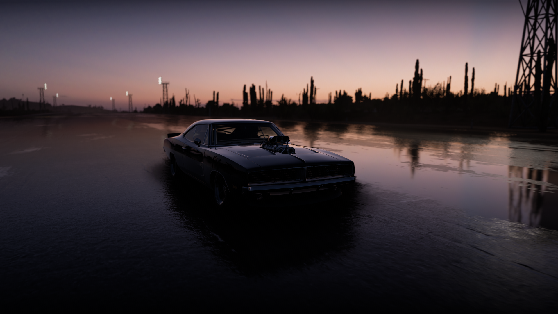 General 1920x1080 Forza Horizon 5 video games beach dark Dodge Charger Dodge American cars PlaygroundGames sky supercharger vehicle sunset sunset glow muscle cars reflection video game art CGI