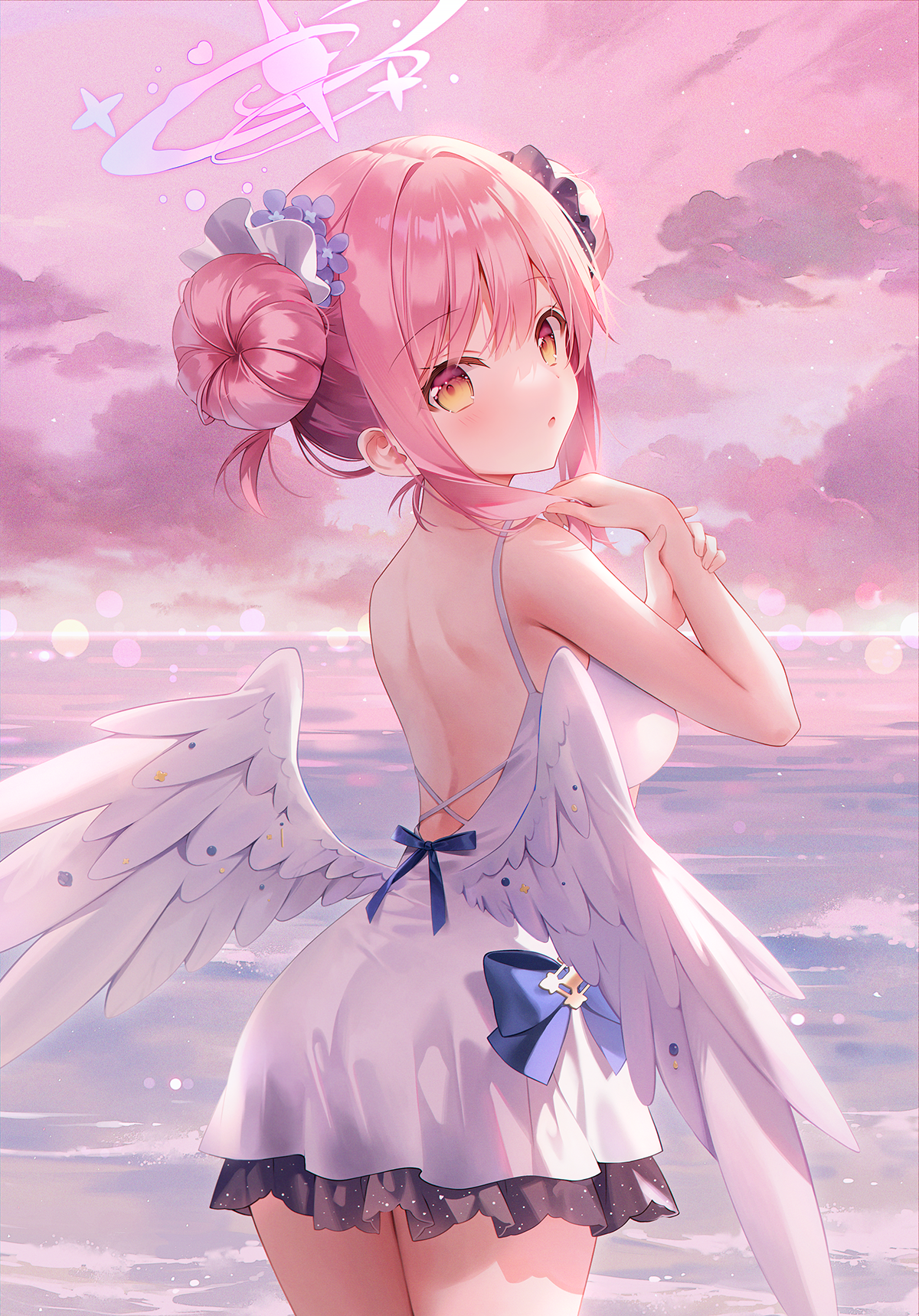 Anime 1200x1719 Pixiv anime Blue Archive Misono Mika portrait display anime girls wings hairbun pink hair yellow eyes sky clouds blushing looking at viewer bareback dress bow tie short hair water