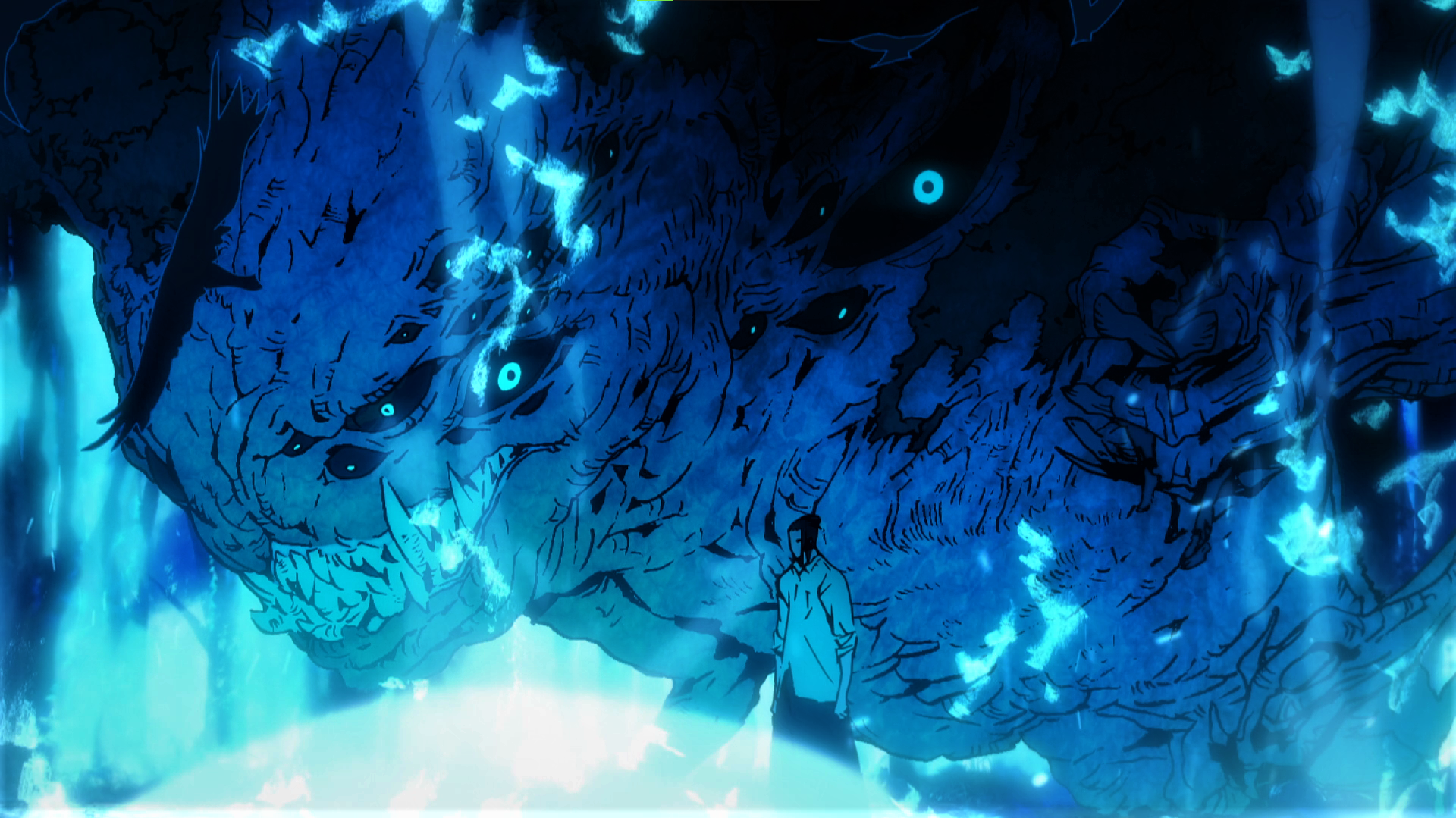 Anime 1920x1079 Jujutsu Kaisen Suguru Geto creature demon Demon face fire blue flames teeth Bun blue eyes anime Anime screenshot anime boys