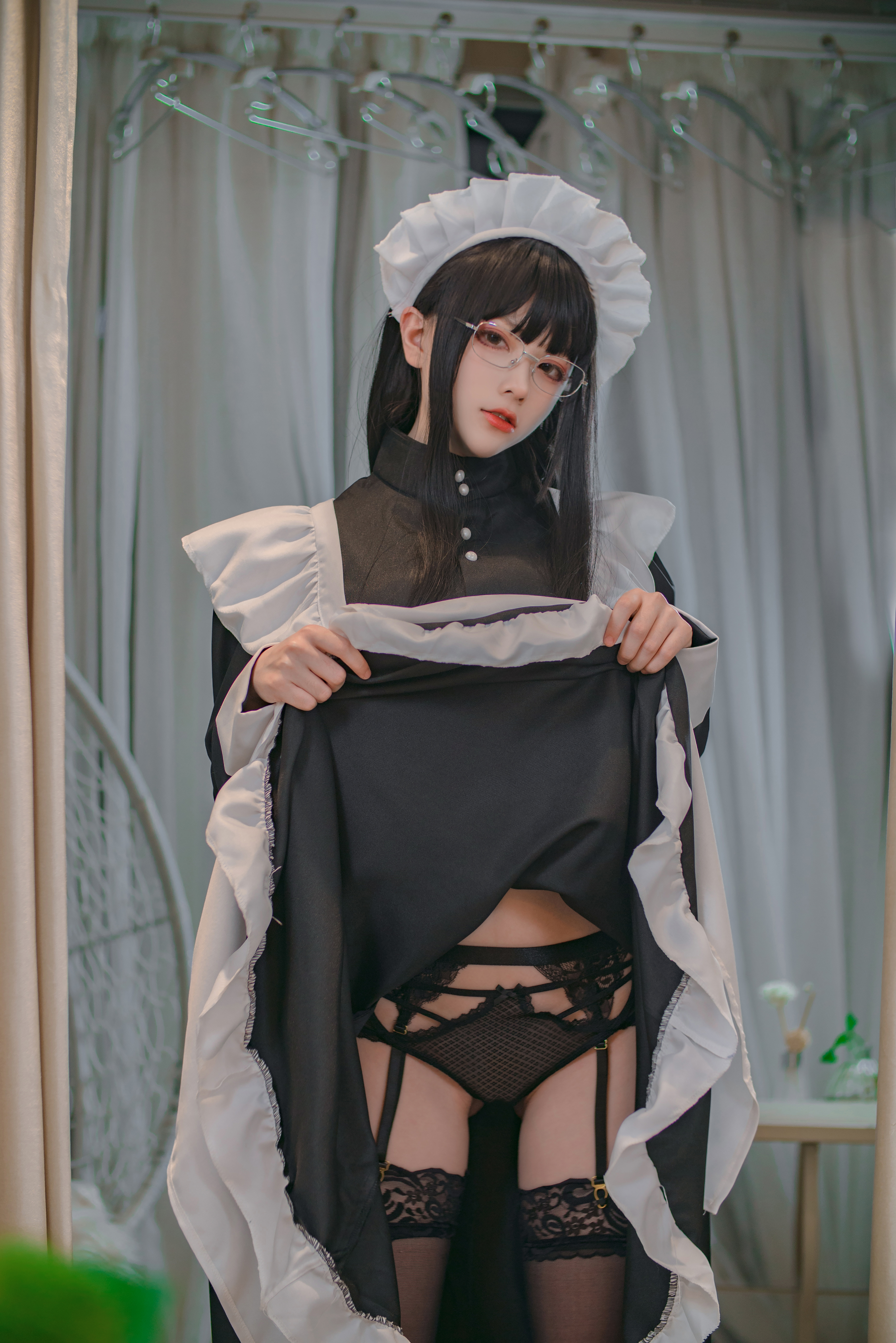 People 3448x5168 Cheesewii Asian maid outfit glasses dark hair black stockings