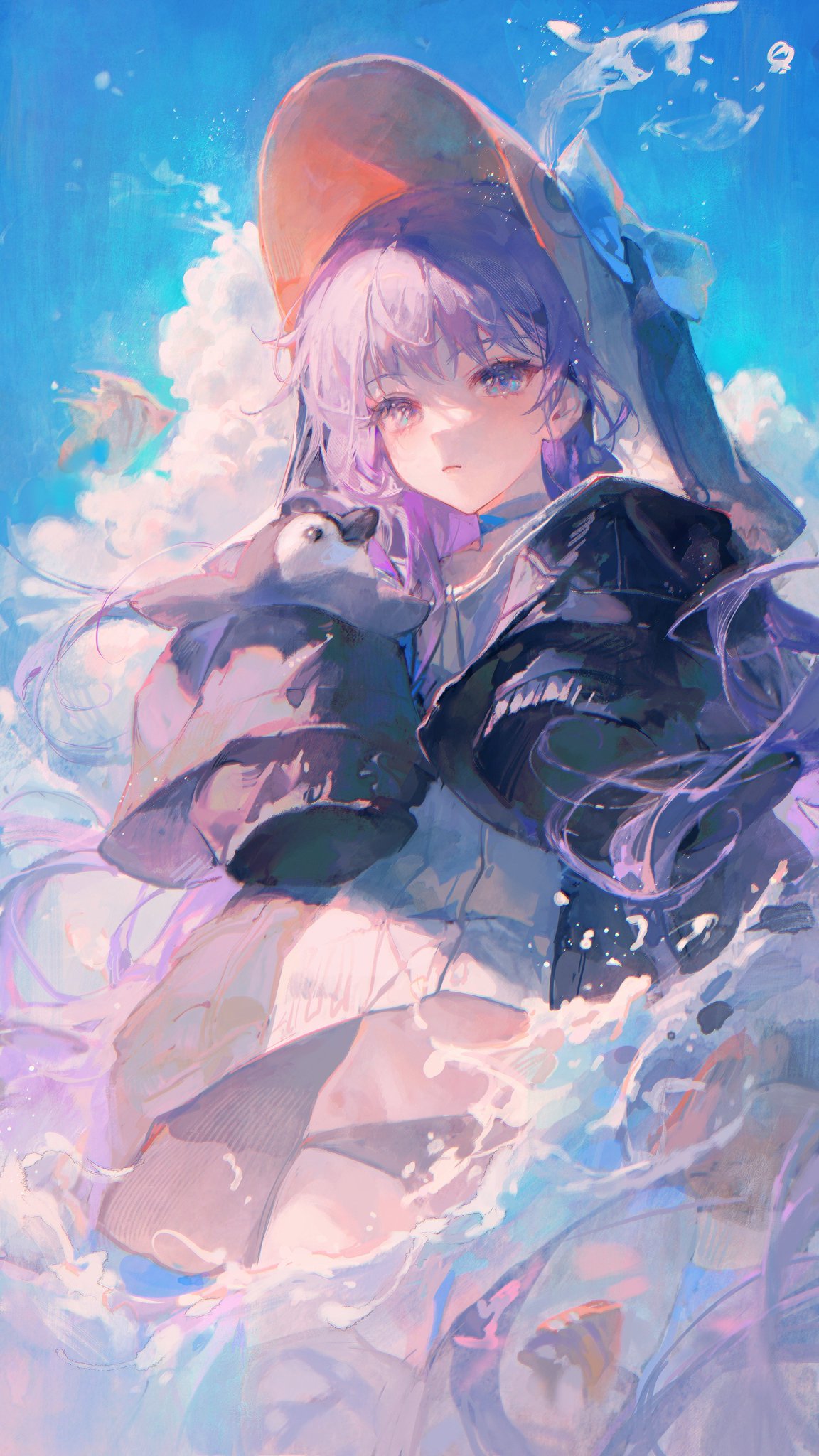 Anime 1152x2048 anime anime girls portrait display hat long hair sky clouds hair blowing in the wind water looking at viewer fish animals penguins choker