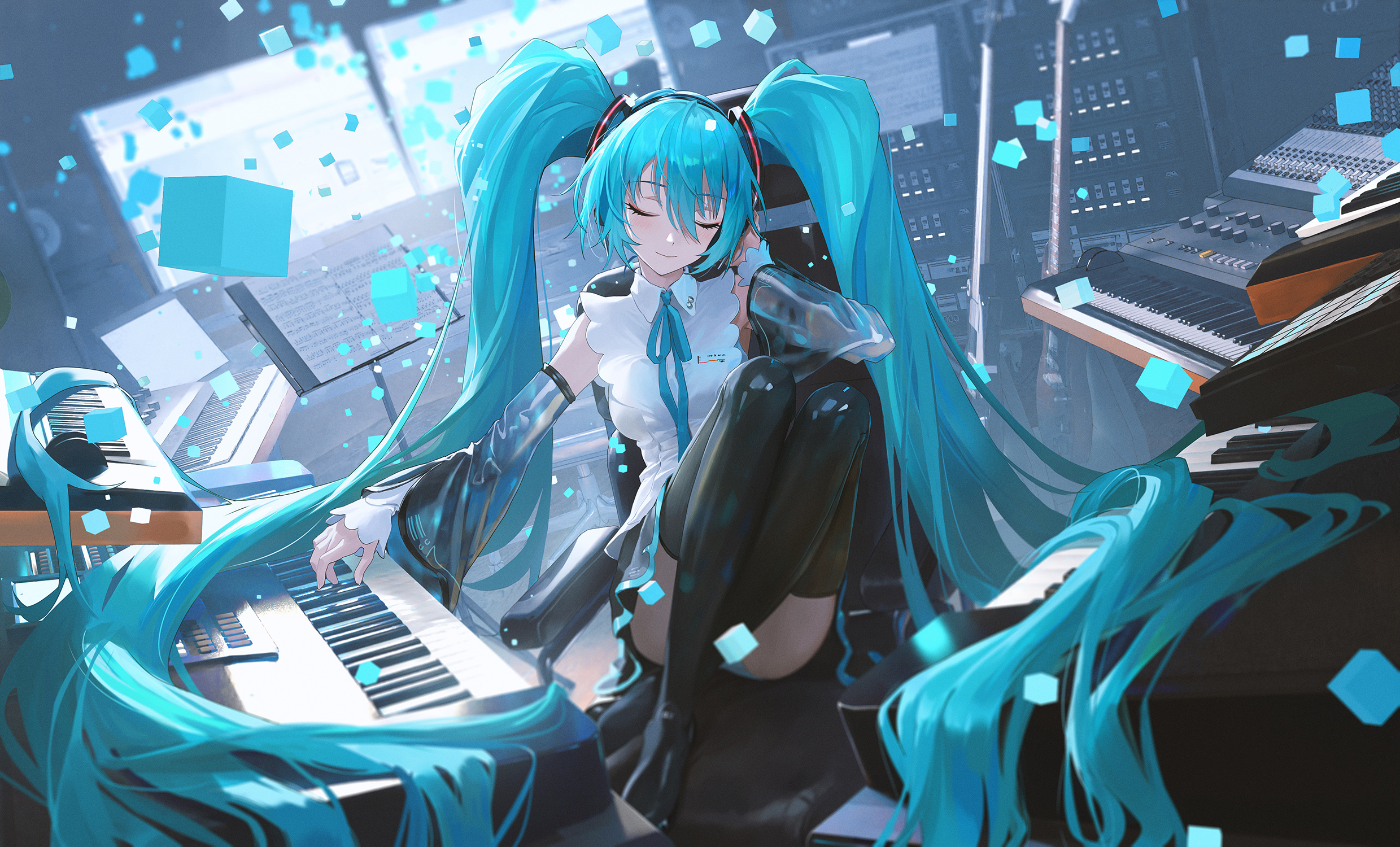 Anime 2479x1500 anime anime girls Vocaloid Hatsune Miku twintails closed eyes blue hair sitting long hair piano musical instrument paper cube headphones stockings smiling