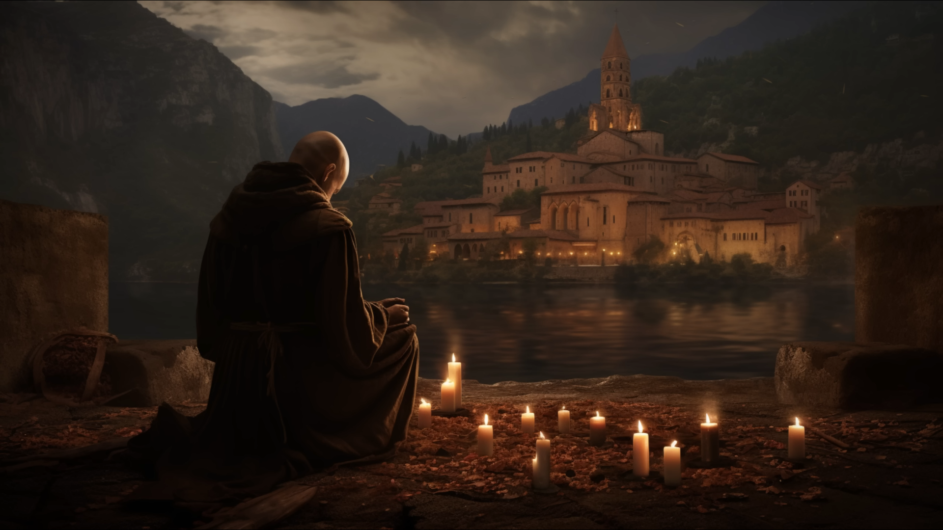 General 1920x1080 prayer lake monastery candles lights water reflection sky clouds building