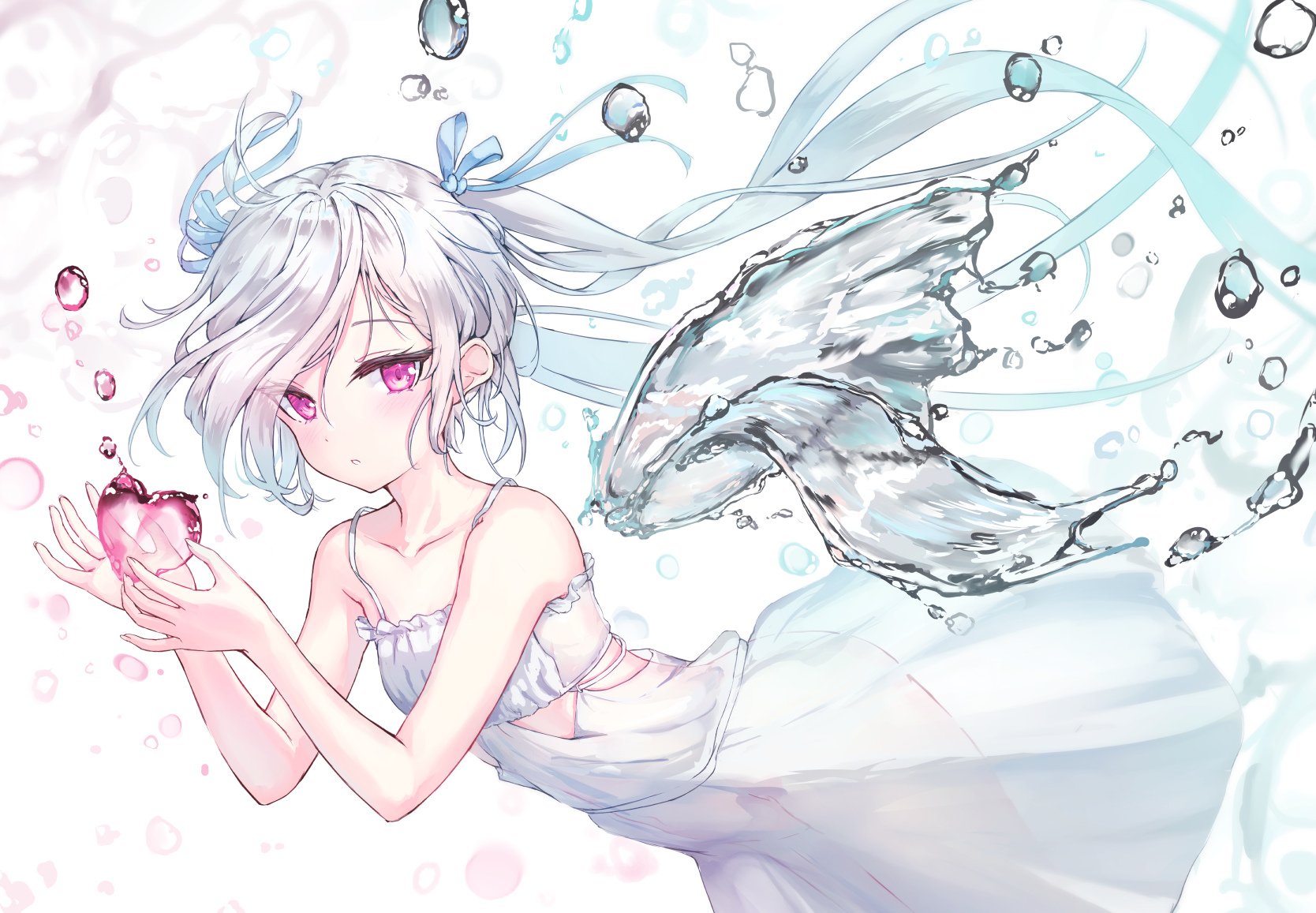 Anime 1668x1157 anime anime girls dress water heart long hair looking at viewer blushing twintails water drops