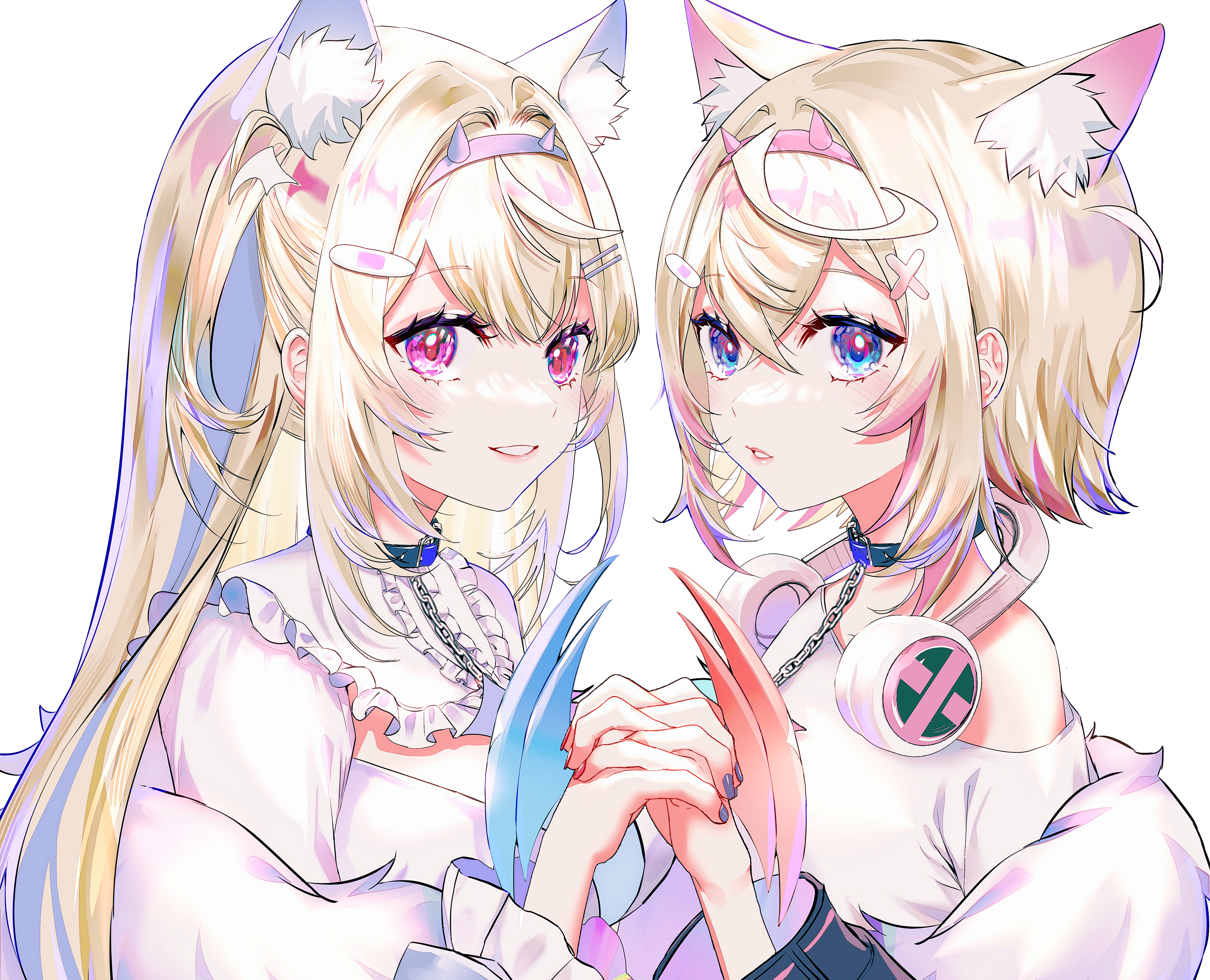 Anime 3823x3097 anime anime girls Fuwawa Abyssgard Mococo Abyssgard cat girl cat ears looking at viewer collar headphones simple background black background minimalism holding hands sisters twins Hololive