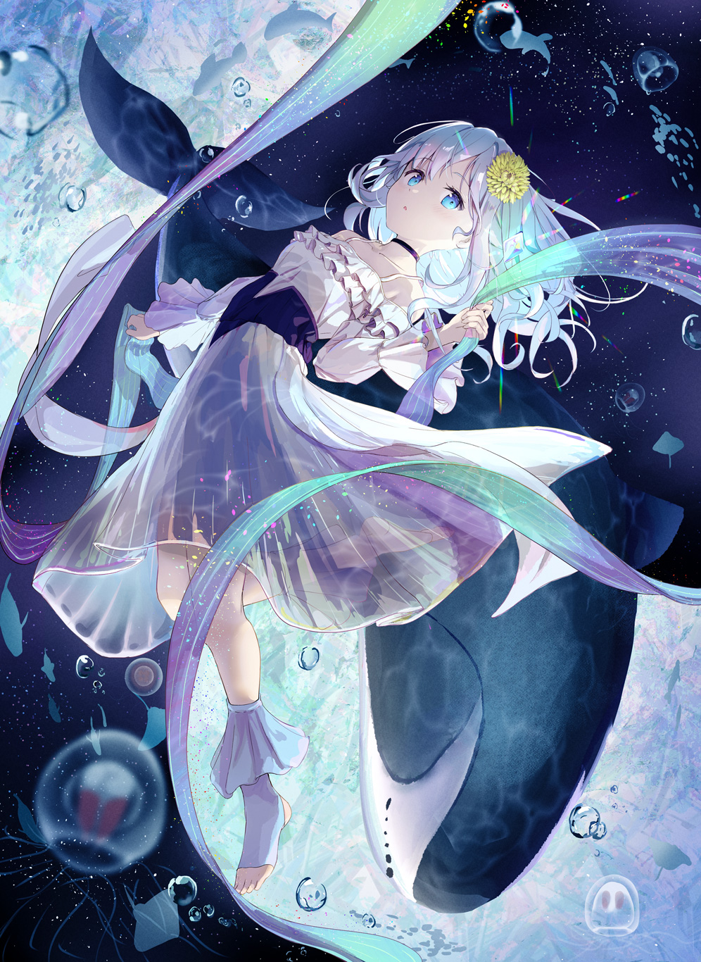 Anime 996x1366 Pixiv anime anime girls bubbles jellyfish water underwater in water long hair blue eyes whale animals looking at viewer flower in hair choker portrait display