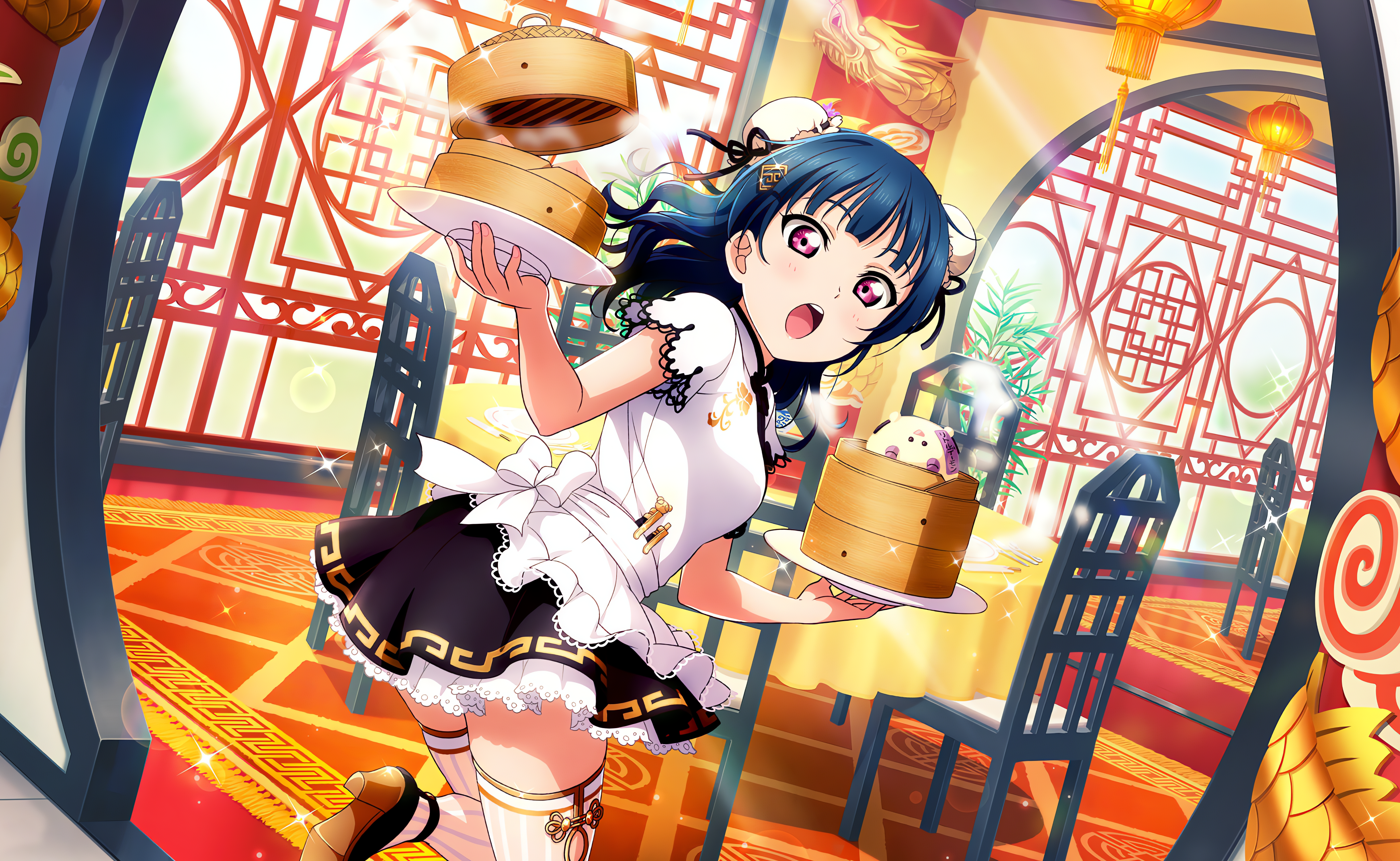 Anime 4096x2520 Tsushima Yoshiko Love Live! Love Live! Sunshine anime anime girls dress open mouth blushing looking at viewer chair table food stars hat bow tie