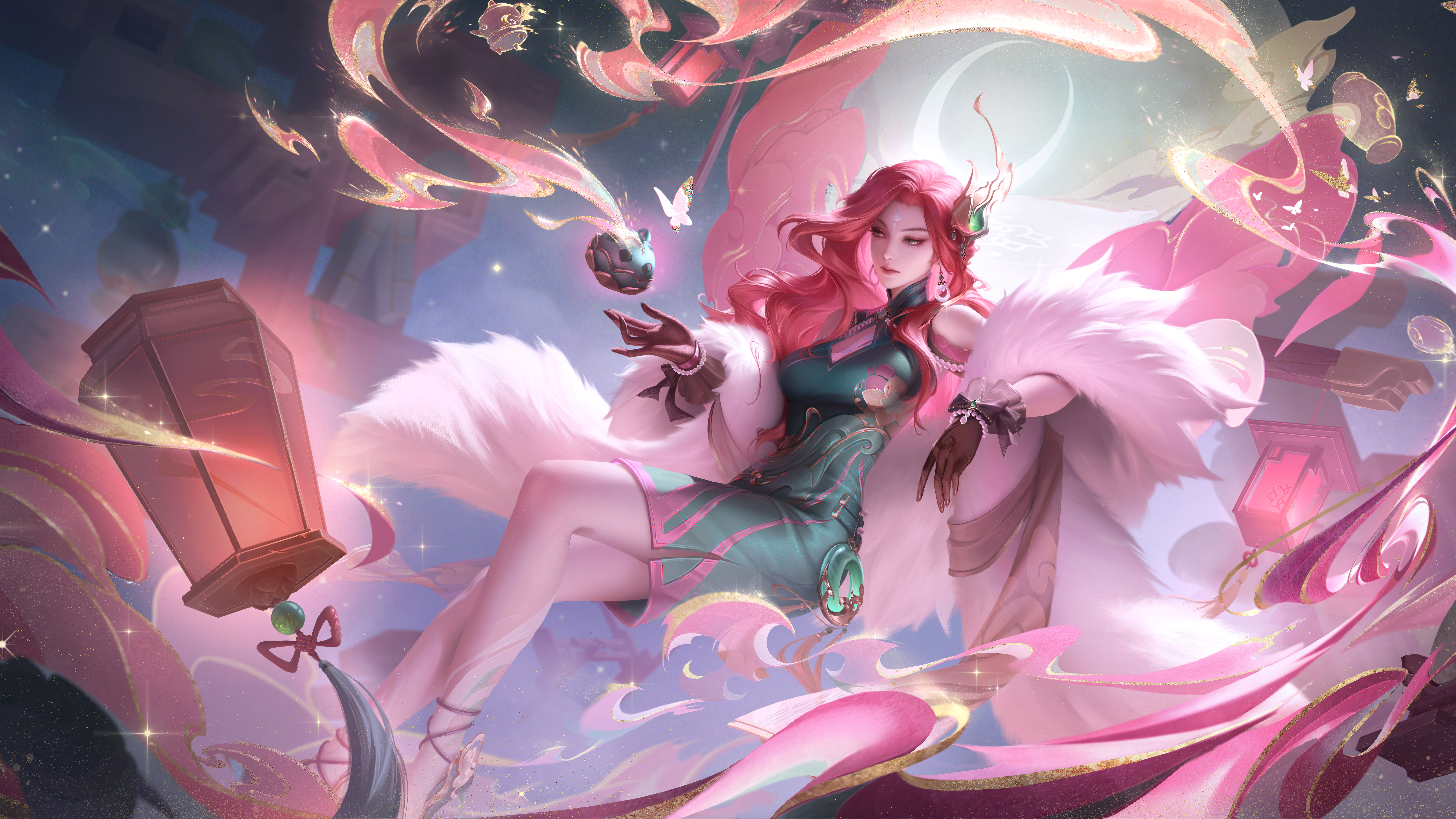 General 7680x4320 Honor of Kings Game CG legs pink hair scarf gloves heels Chinese dress video game characters video game art long hair video games looking away lantern butterfly insect