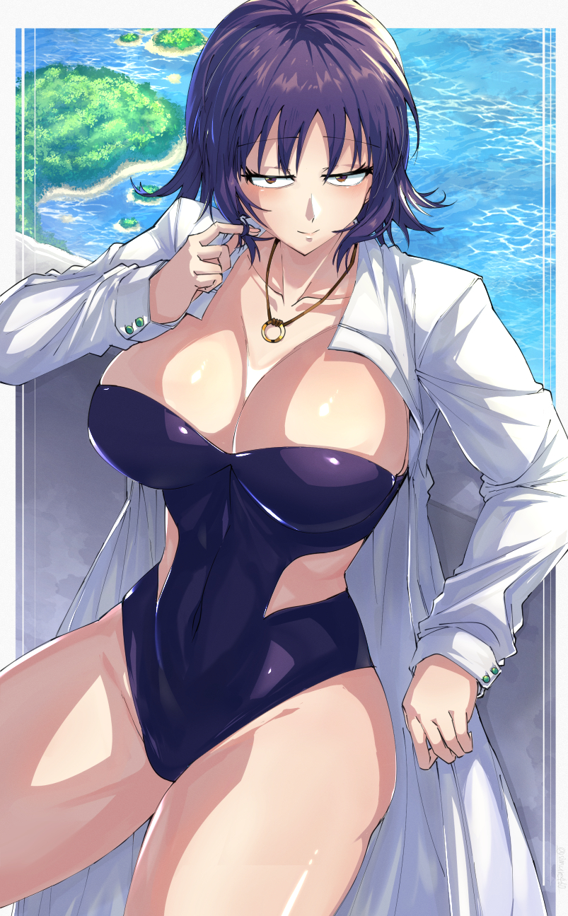 Anime 803x1295 Pokémon Philena Ivy anime girls portrait display purple hair huge breasts open coat white coat one-piece swimsuit water purple swimsuit necklace cleavage brown eyes thick thigh smiling short hair island sea looking at viewer blushing lab coats Shimure high angle