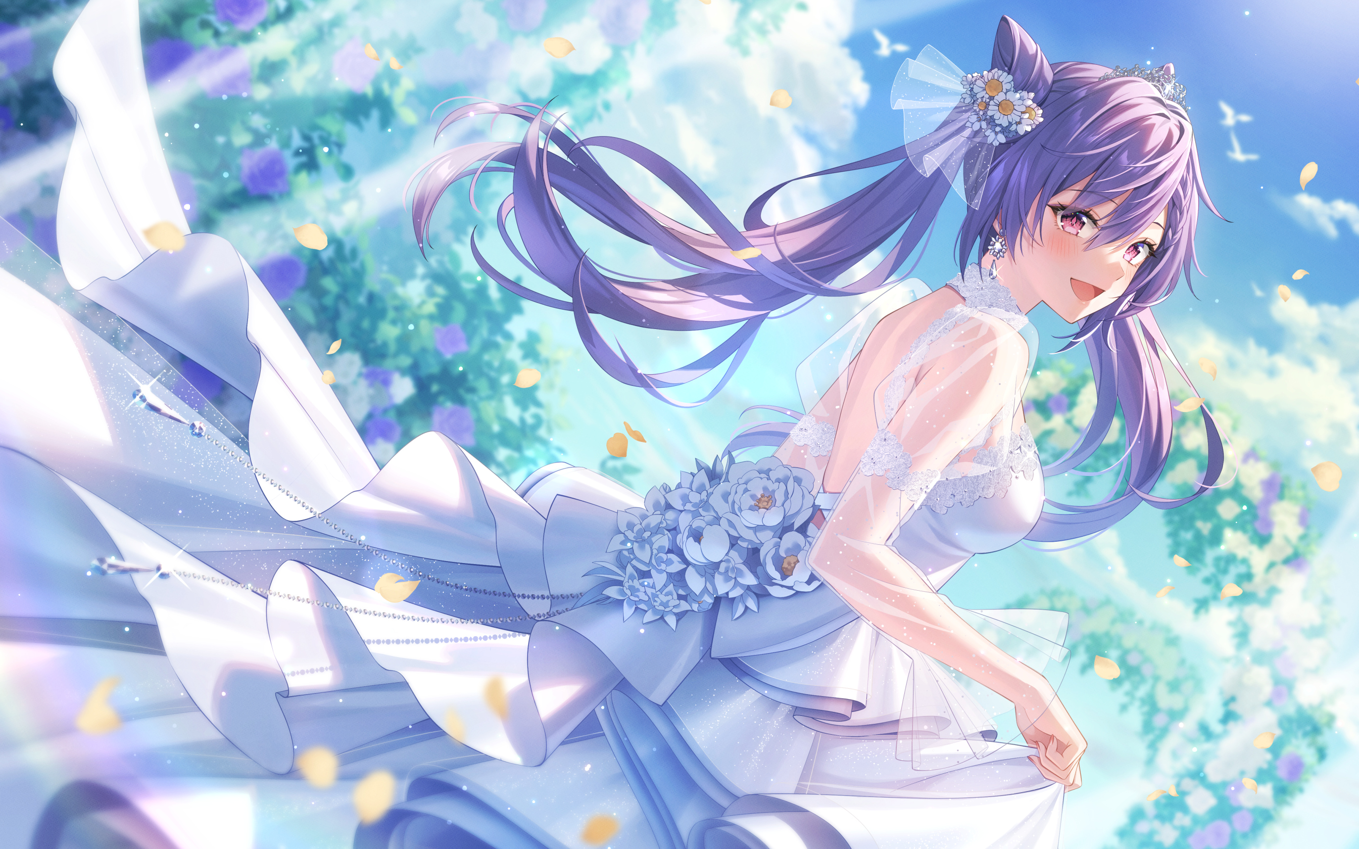 Anime 2746x1716 anime anime girls Genshin Impact Keqing (Genshin Impact) dress petals sunlight sky clouds looking at viewer blushing standing twintails purple hair purple eyes flower in hair flowers long hair earring open mouth